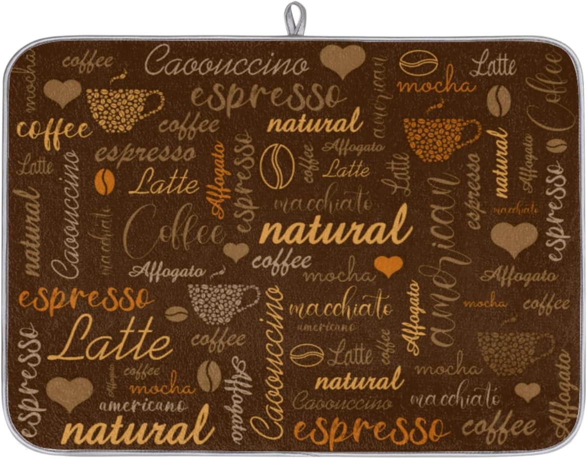 Hexteria Coffee Dish Drying Mat for Countertops, Quick Drying Mat for Kitchen, 16"x18", Brown