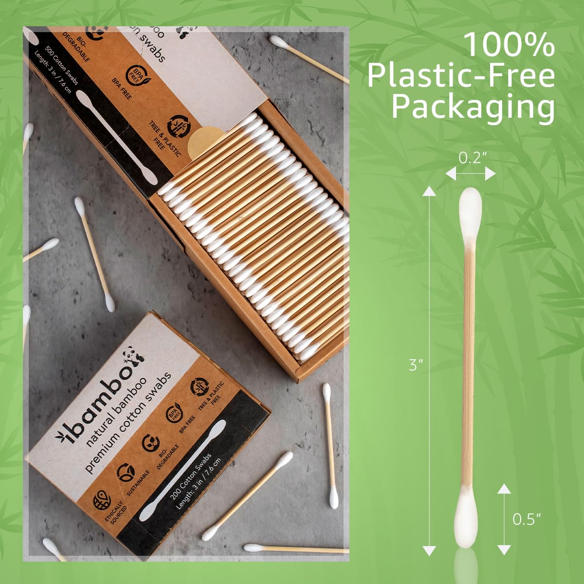 100% Bamboo Cotton Ear Swabs (200-Pack) | Double Tipped Ear Cotton Buds for Beauty & Personal Care | FSC Certified & Hypoallergenic | Suitable for All Ages & Pets | Biodegradable & Disposable