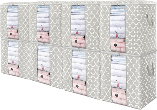 WISELIFE Storage Bags 8 Pack/100L Large Blanket Clothes Organization and Storage Containers for Comforters,Bedding, Foldable Organizer with Reinforced Handle, Clear Window, Sturdy Zippers,Lvory