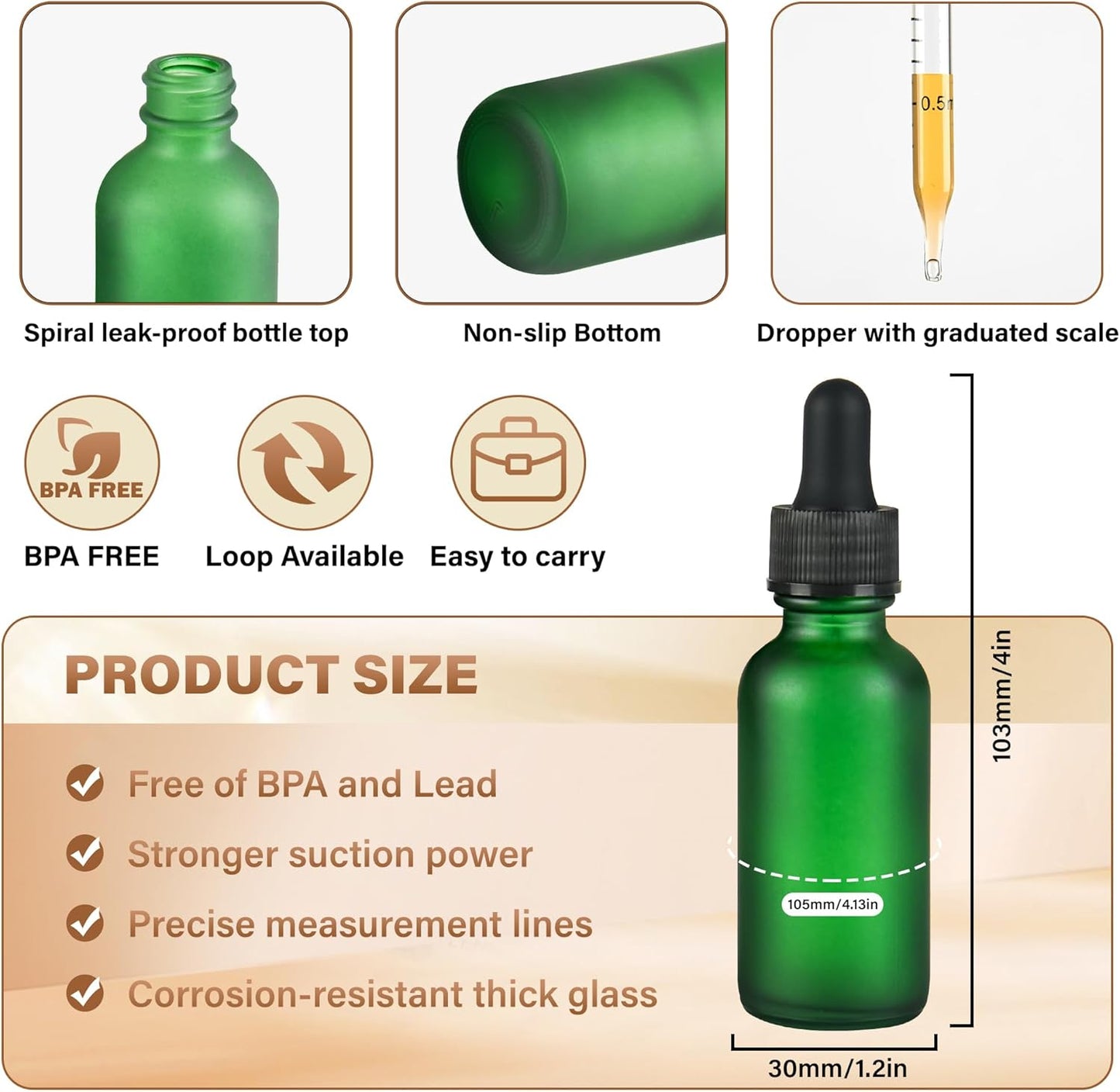 12 Pcs, 1oz Dropper Bottle, Green Glass Eye Dropper Bottle, Tincture Bottles with Dropper, Pretty Finish, Leak-Proof Design, Stronger Suction for All Kinds of Mixed Liquids