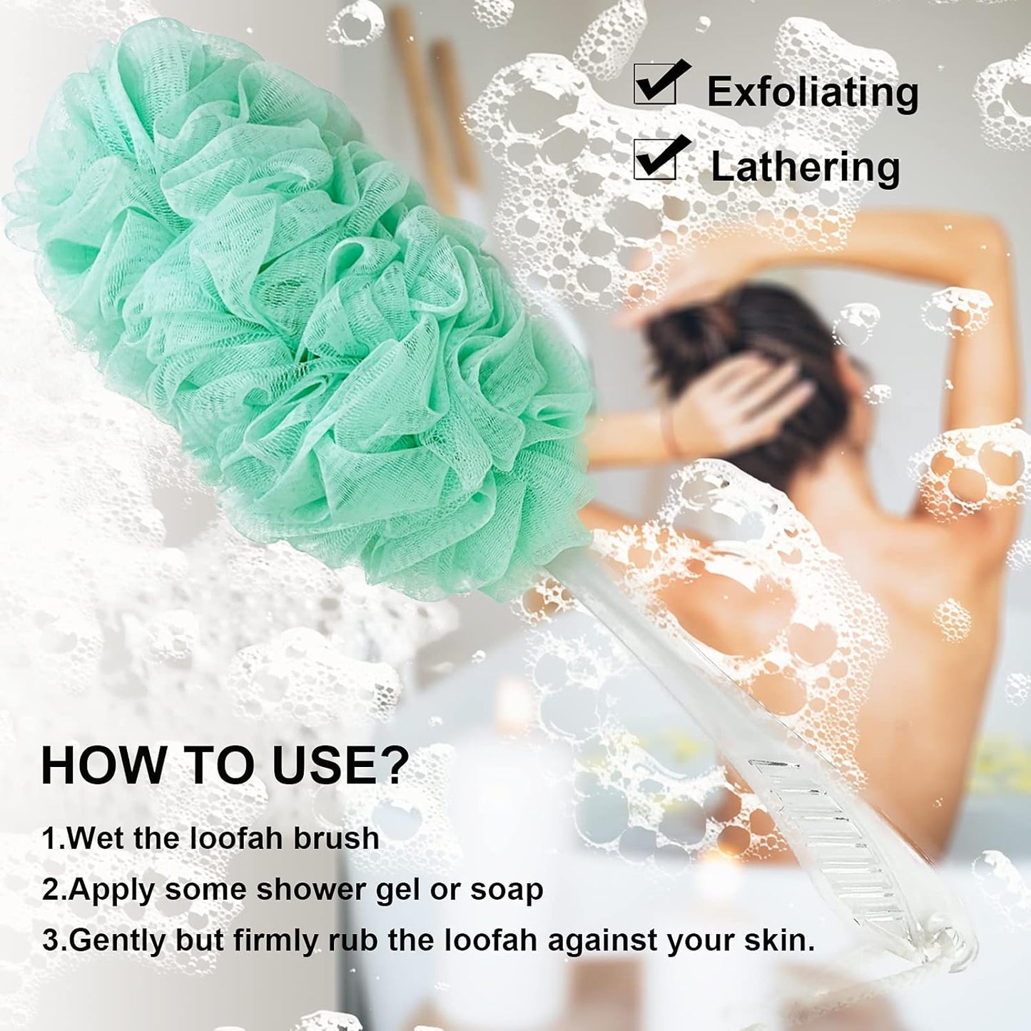 PPHAO - Back Bath Brush - Loofah Sponge Scrubber - Bath Brush Long Handle for Shower - Loofah Exfoliating for Men - Shower Loofah for Women - Green Loofah - 1Pack