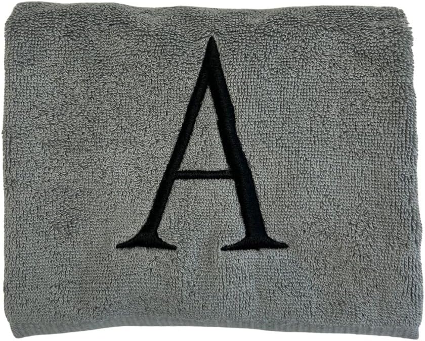 Gray Initial Hand Towel for Bathroom - Monogrammed Luxury Hotel Quality Decorative Embroidered Towel for Powder Room, Spa - GOTS Organic Certified - Set of 2 Black Letter G