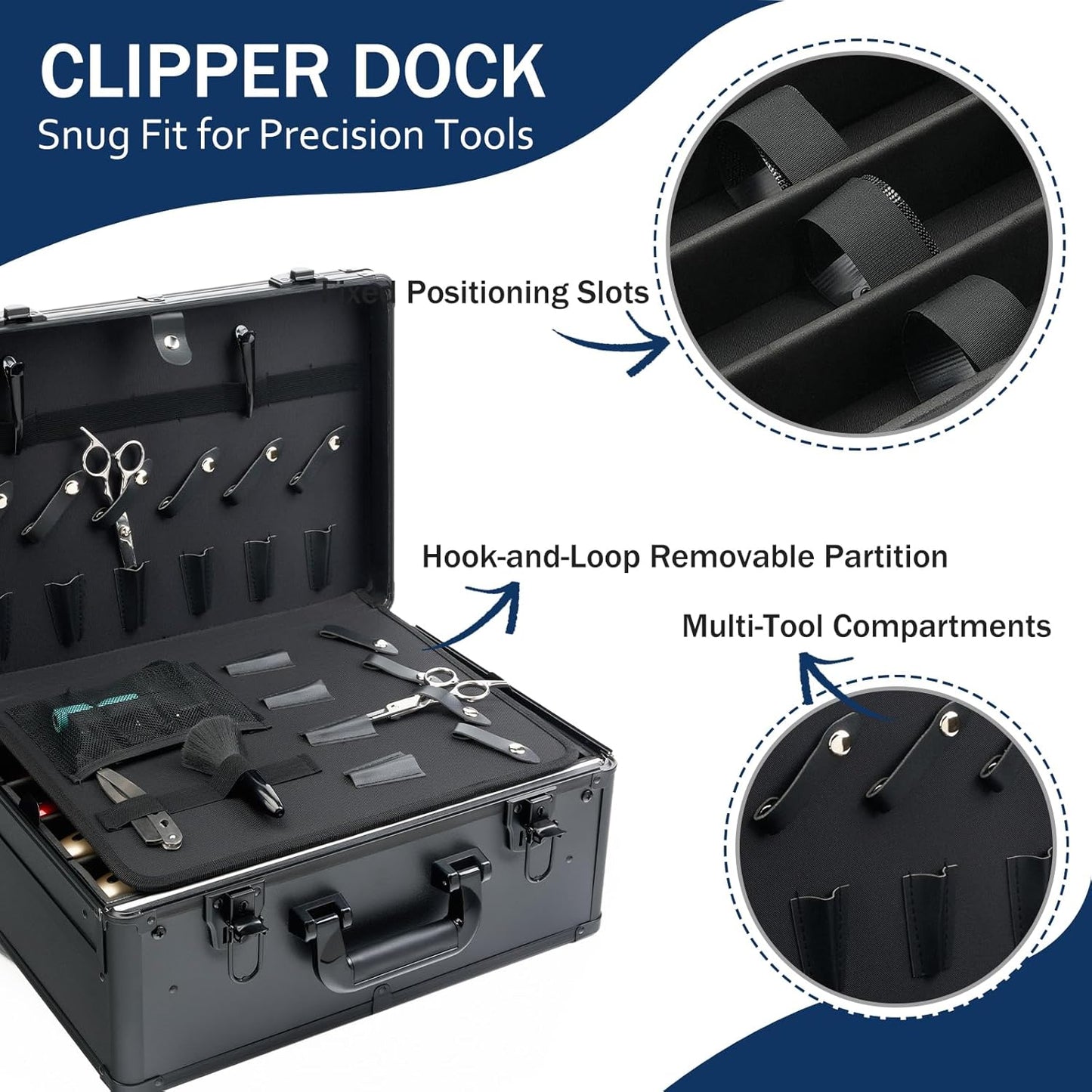 MoyRetty Professional Barber Case, Barber Suitcase 6 Clipper Slots & 8 Shear Holders, 17.13" Portable Aluminum Organizer for Hair Stylists & Pet Groomers-Black