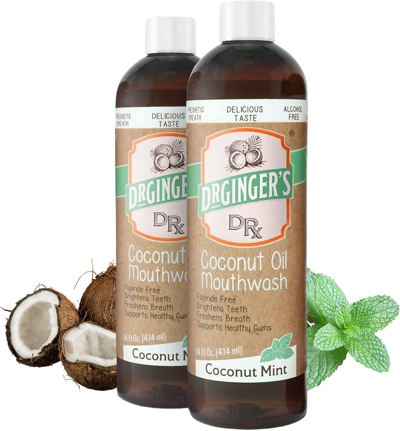 Dr. Ginger’s Coconut Oil Pulling Alcohol Free Mouthwash - Mint Flavor, 14 fl oz, 2pcs - Support Gum Health, Tongue, and Teeth Whitening for Adults, Fluoride Free, All-Natural, with Xylitol