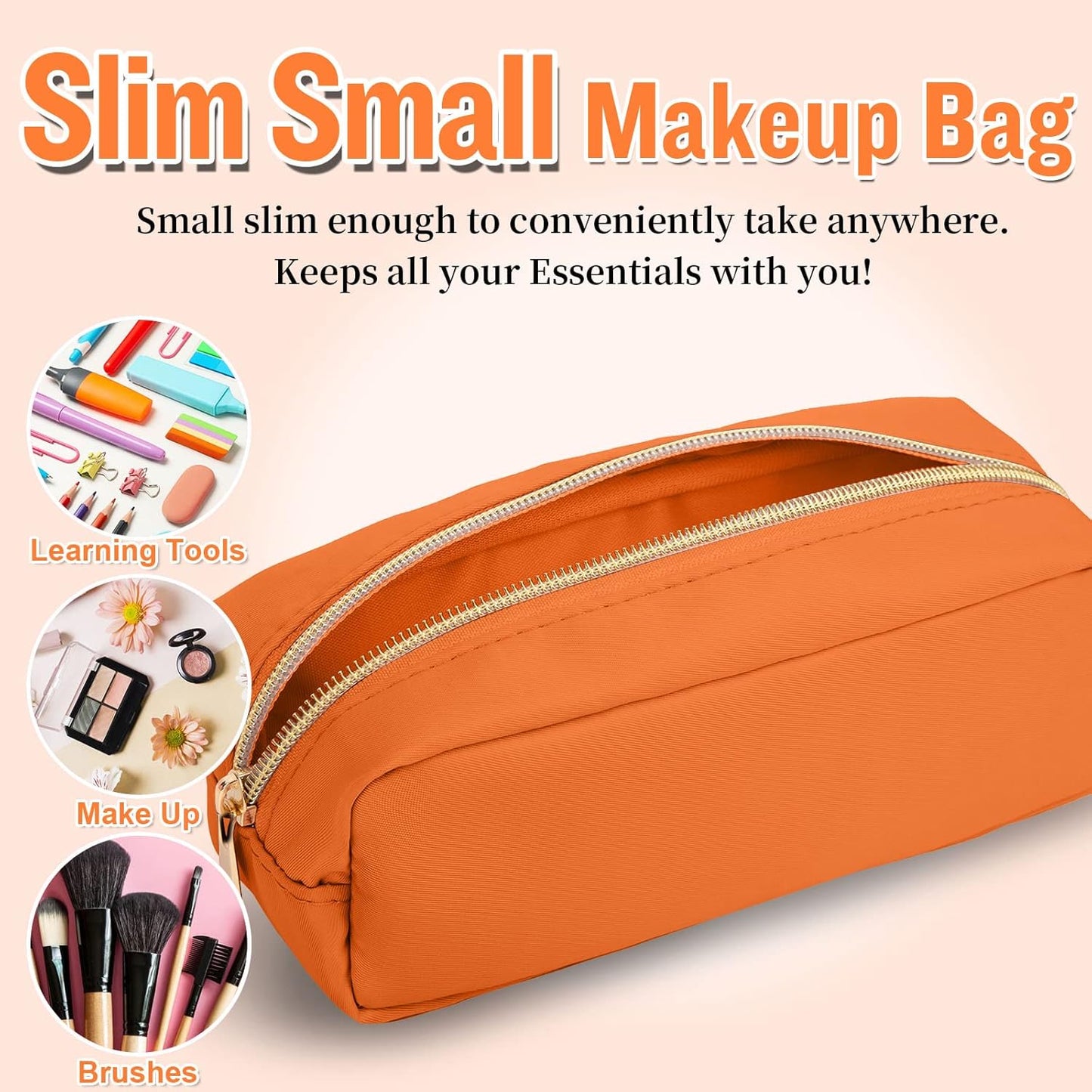 Izuzta Nylon Small Makeup Bag Slim Pouch, Preppy Cute Brush Case, Cosmetic Zipper for Purse, Waterproof Travel Toiletry Clutch Coin Organizer for Women Girls (Orange)