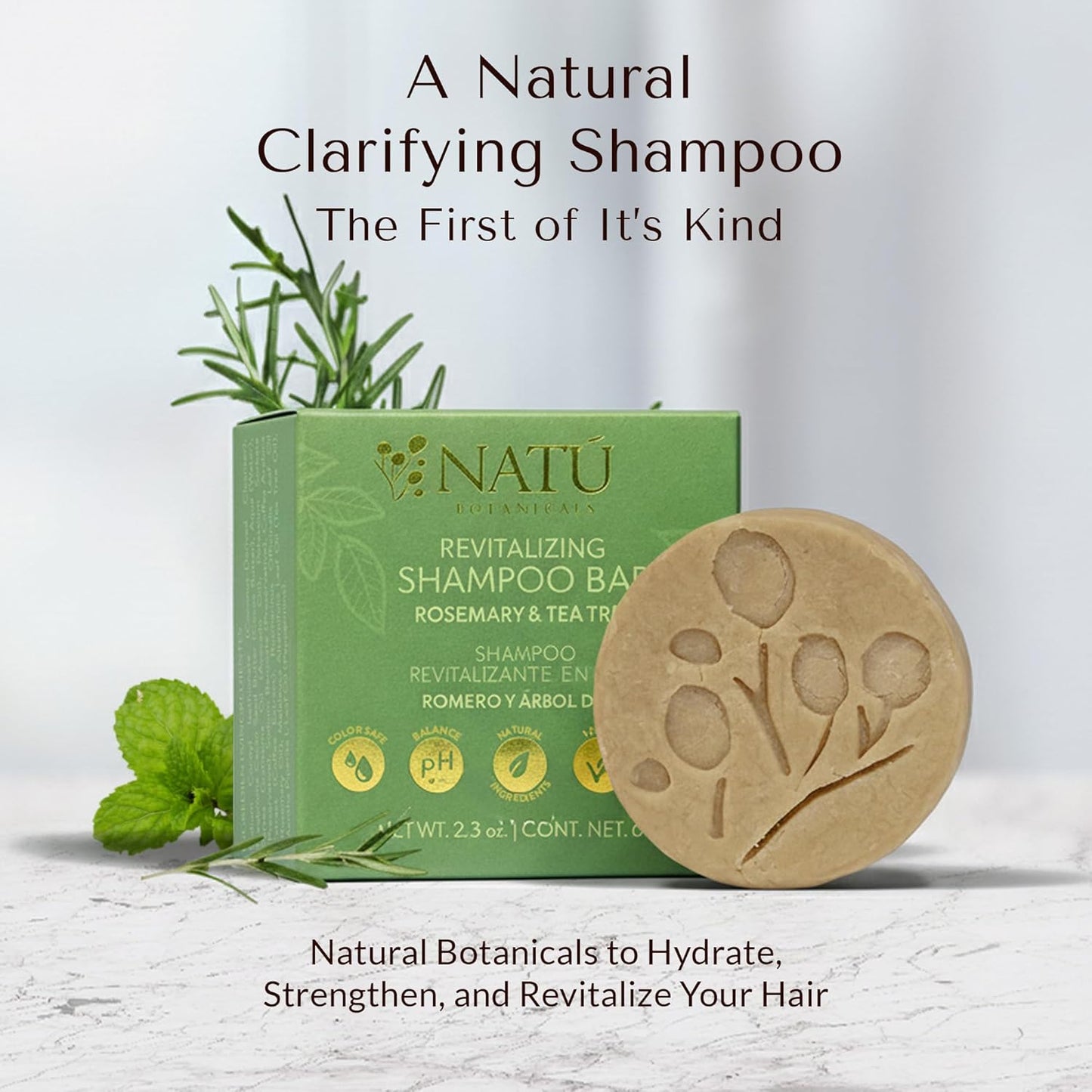 NATÚ BOTANICALS Revitalizing Shampoo Bar – Tea Tree Shampoo with Mint and Rosemary Oil for Hair Growth - Gently Cleanses & Promotes Healthy Hair – Eco-Conscious, Zero-Waste, Sulfate-Paraben-Free 2.3oz