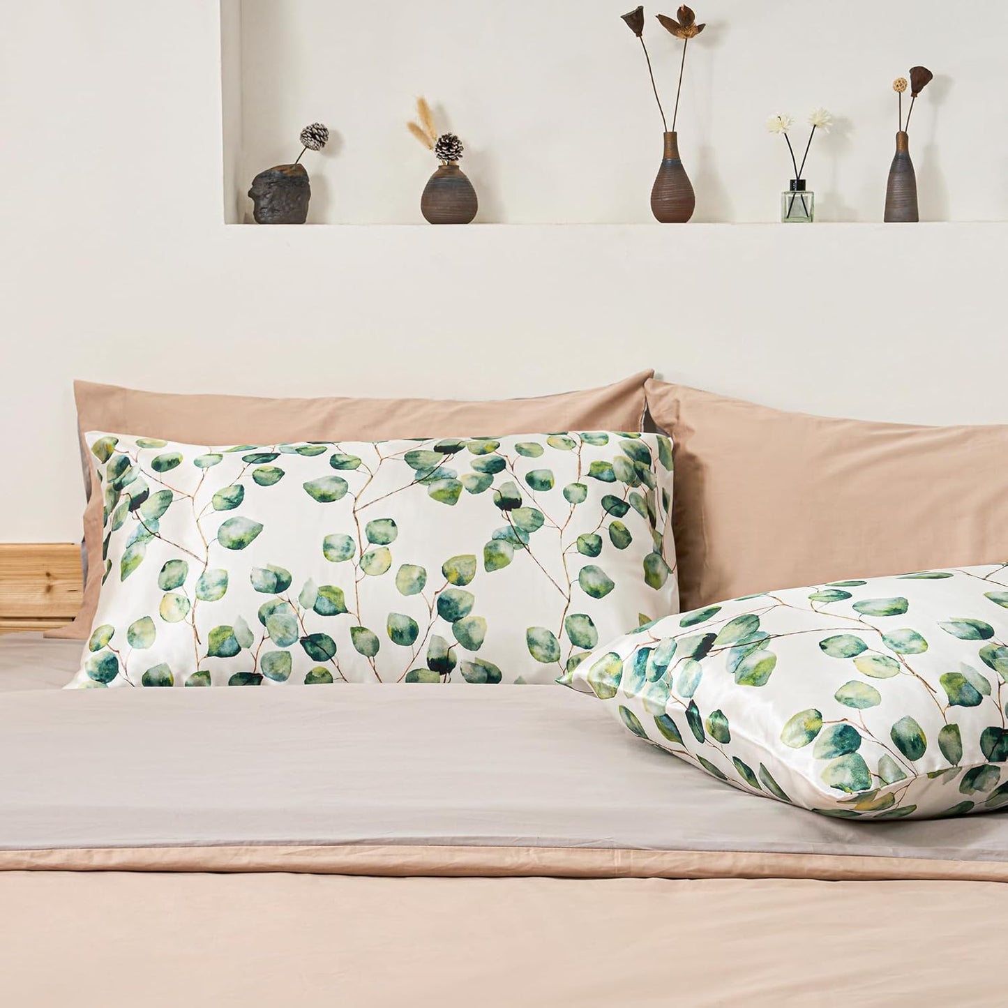 EXQ Home Silky Satin Pillowcase for Hair and Skin,Printed Pillow Cases Standard Size Set of 2 Satin Pillow Case 2 Pack with Envelope Closure(Ink Leaf, 20x26)