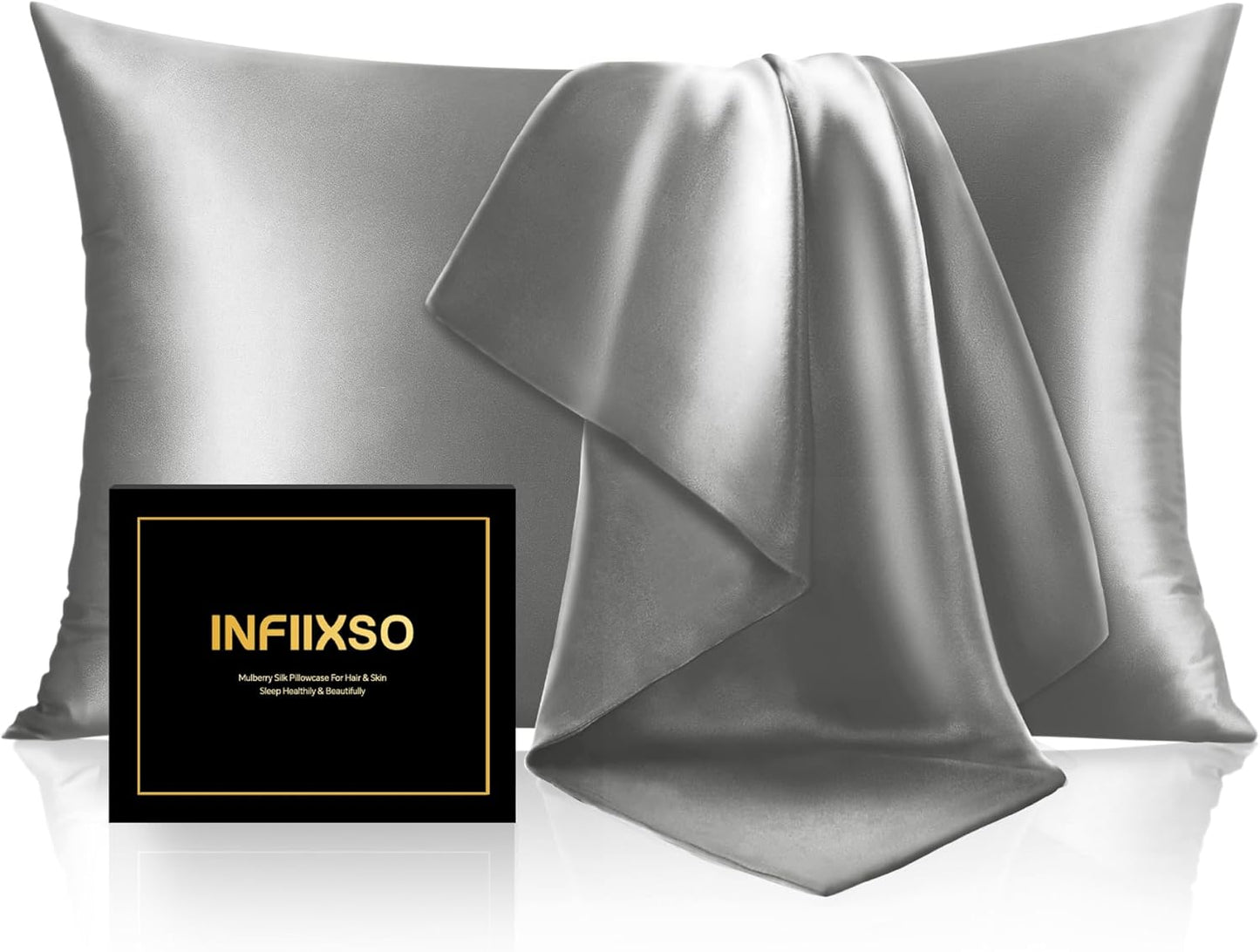 INFIIXSO Mulberry Silk Pillowcase for Hair and Skin, Silk Pillow Cases Standard Size with Hidden Zipper 20x26 Inches, Smooth and Soft Cooling Pillow Cases for Hot Sleepers(Dark Grey, 1 Pack)