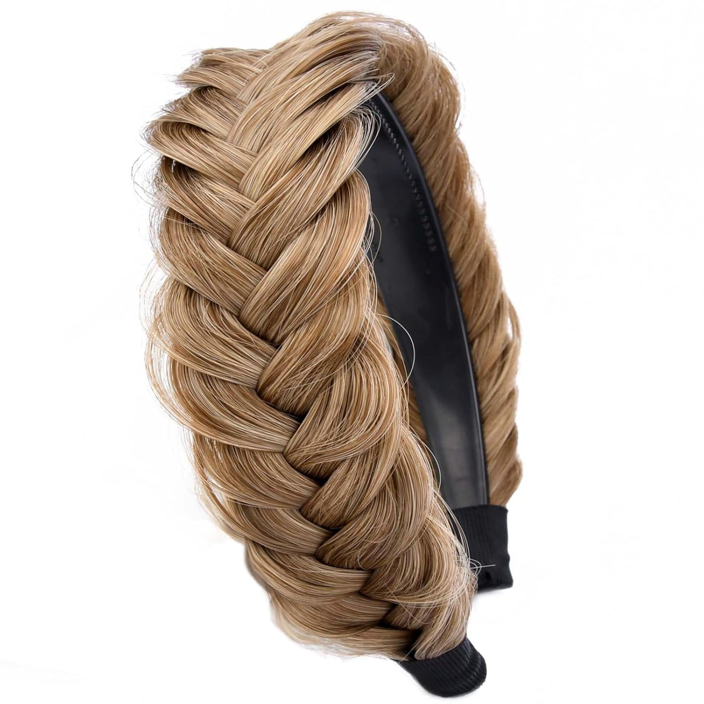 DIGUAN Wide Messy Braided Headband With Teeth Synthetic Hair Plaited Headband High Elasticity Braids Chunky Fishtail Braided Hair Band Hairpiece for Girls Women Beauty Accessory (Dirty Blonde)