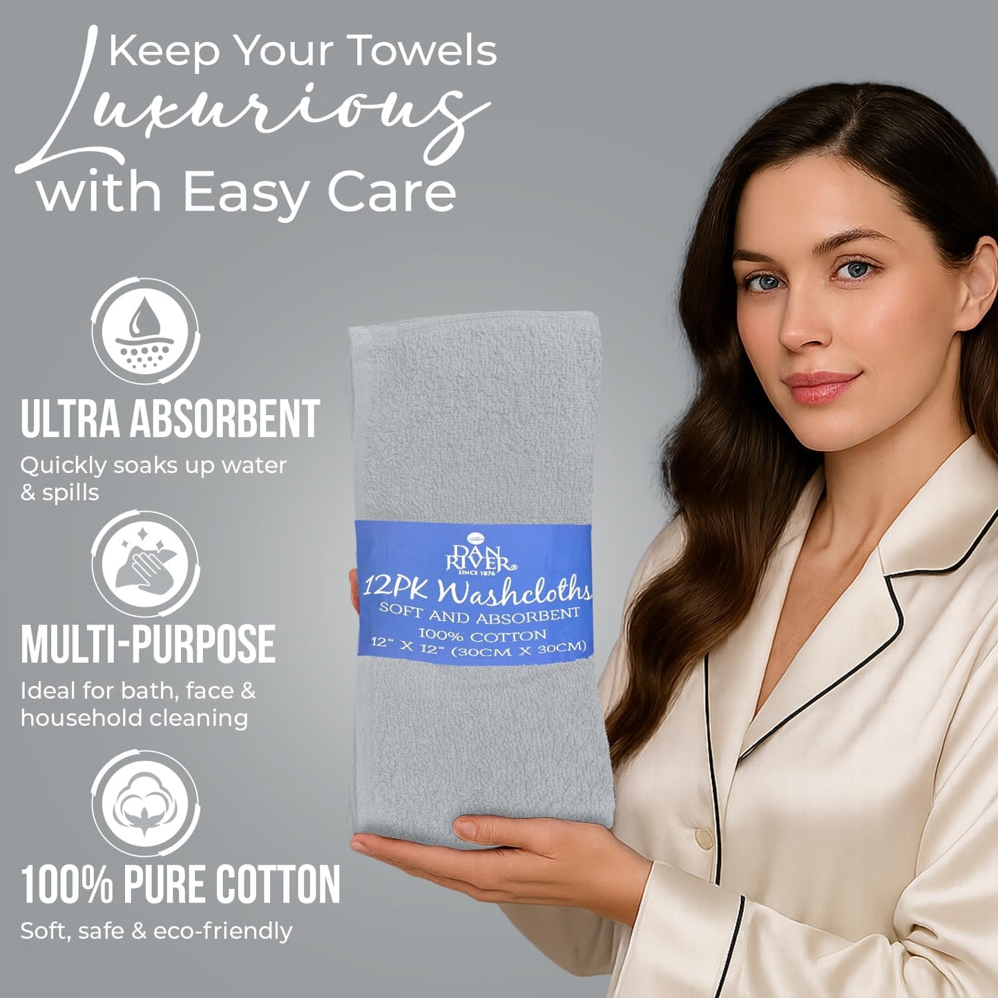 DAN RIVER 100% Cotton Wash Cloths 12 Pack [12x12] Soft & Absorbent wash Clothes, Gym, Hotels & Spa Perfect for Everyday Use Fingertip Towels, Silver
