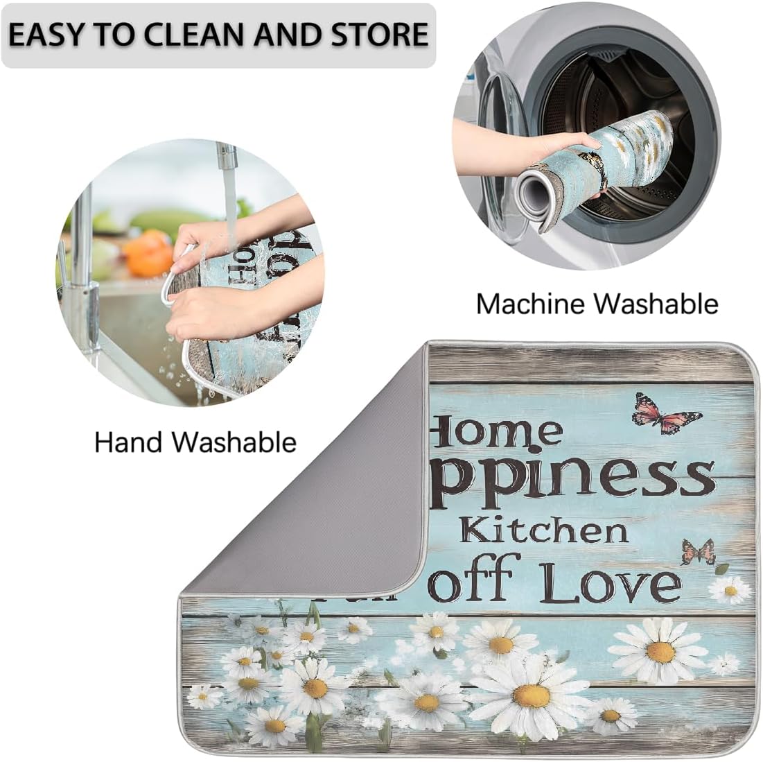 Dish Drying Mat Rustic Wood Quote Daisy Flowers Large Drying Mat for Kitchen Counter 18x24in Absorbent Dish Drainer Rack Pad, Heat Resistant Coffee Bar Mats Countertop Protector