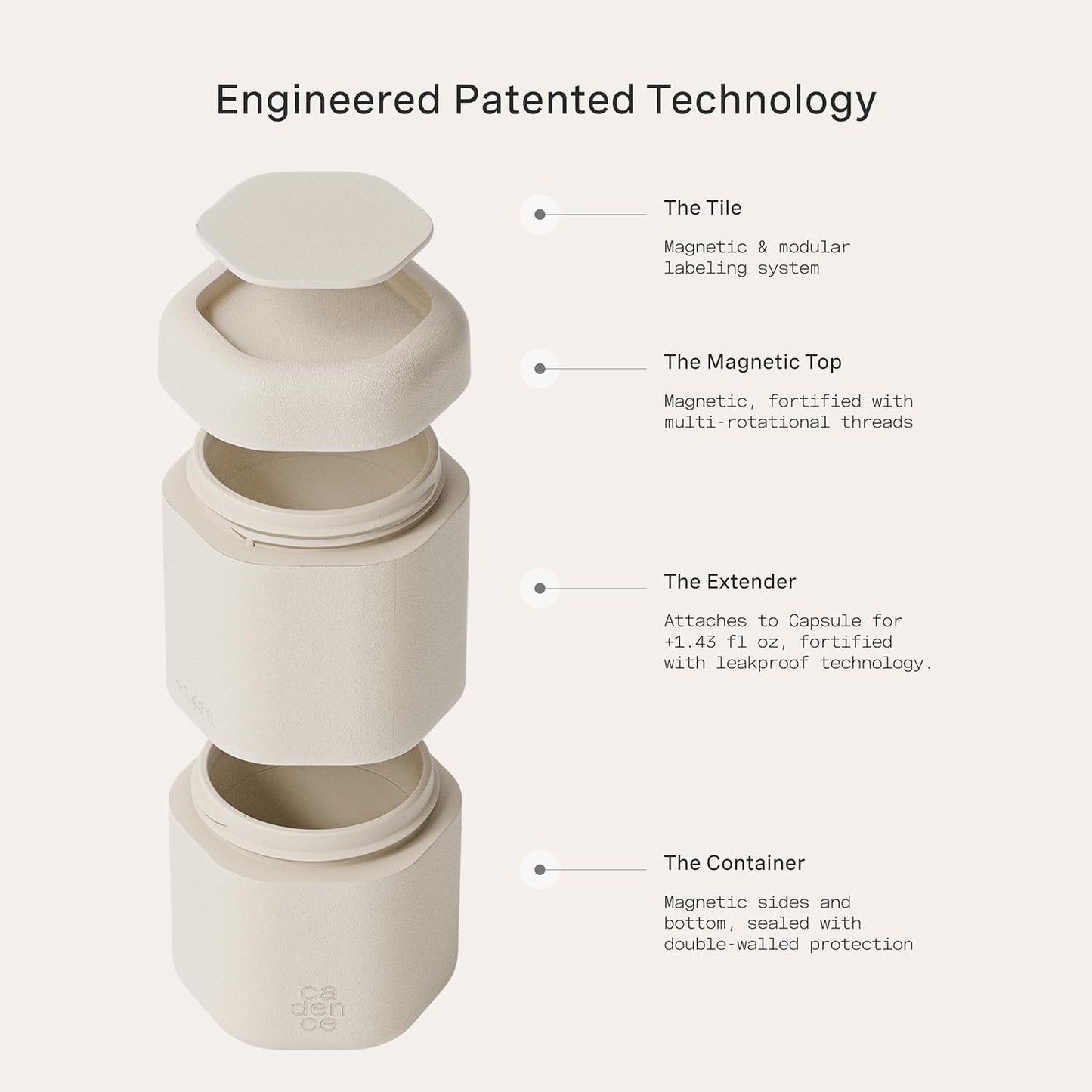 Cadence Travel Containers - Full Skincare Set - Magnetic Containers with Lids,Carry On Travel Essentials For Women/Men - 2 Small (0.56oz), 4 Medium Capsules (1.32oz), & Extender (1.43oz) - Sand