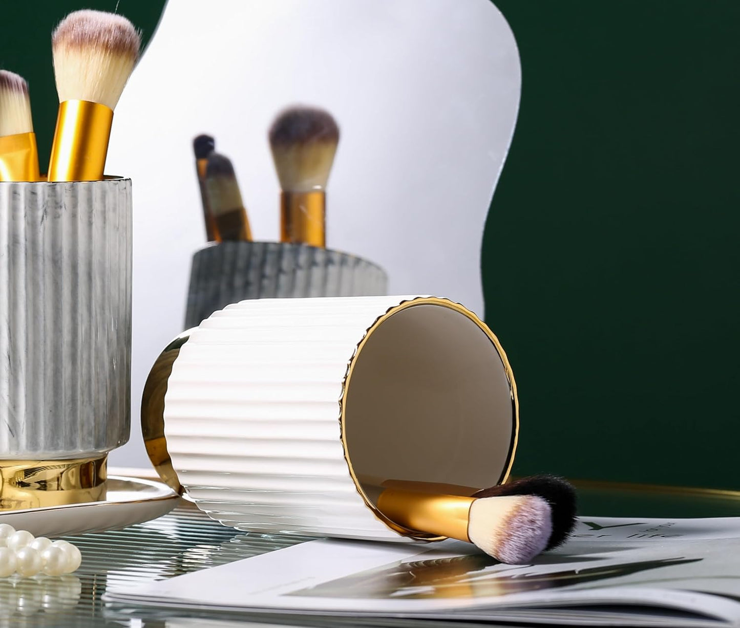 IEEK Makeup Brush holder Organizer,Glass Cosmetic Makeup Brush Cup Ceramics Brushes Storage Holder,White and Gold Modern Make Up Brush Cup Pen Pencil Holder Striped Vase
