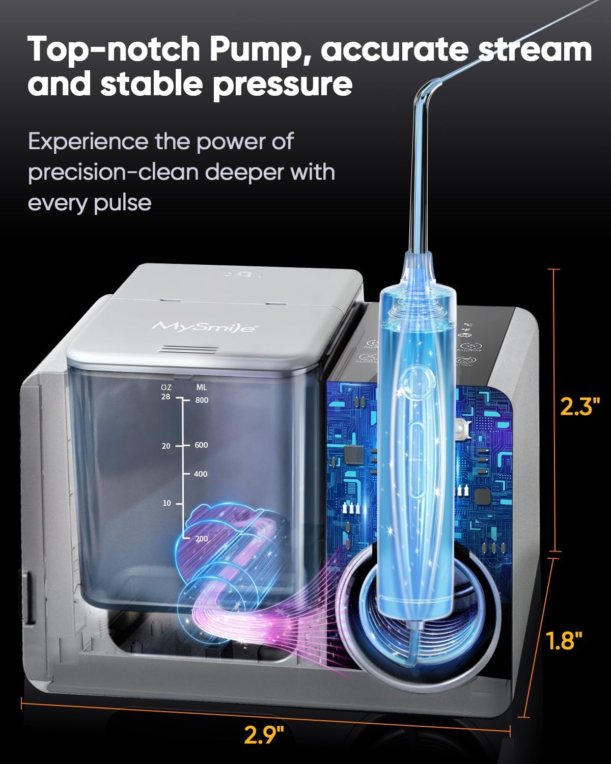 MySmile LP233 Pro UVC Sterilizable Countertop Water flossers for Teeth 800ML Digital Display Electric Oral Irrigator with a Water Filter 3 Modes and 6 Jet Tips (Lightning Silver)