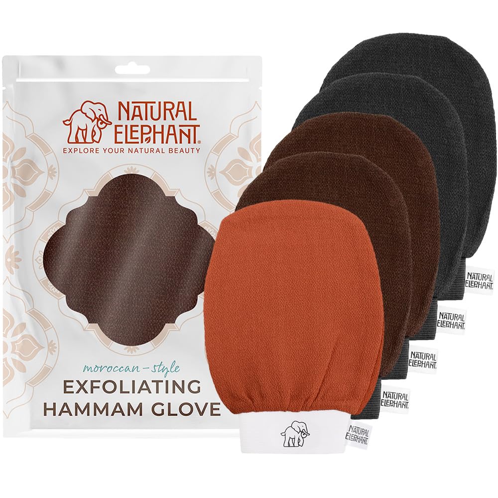 Natural Elephant Exfoliating Hammam Glove - Face and Body Exfoliator Mitt 5 and 10 Packs (2 Black, 2 Brown, 1 Orange (Pack of 5))