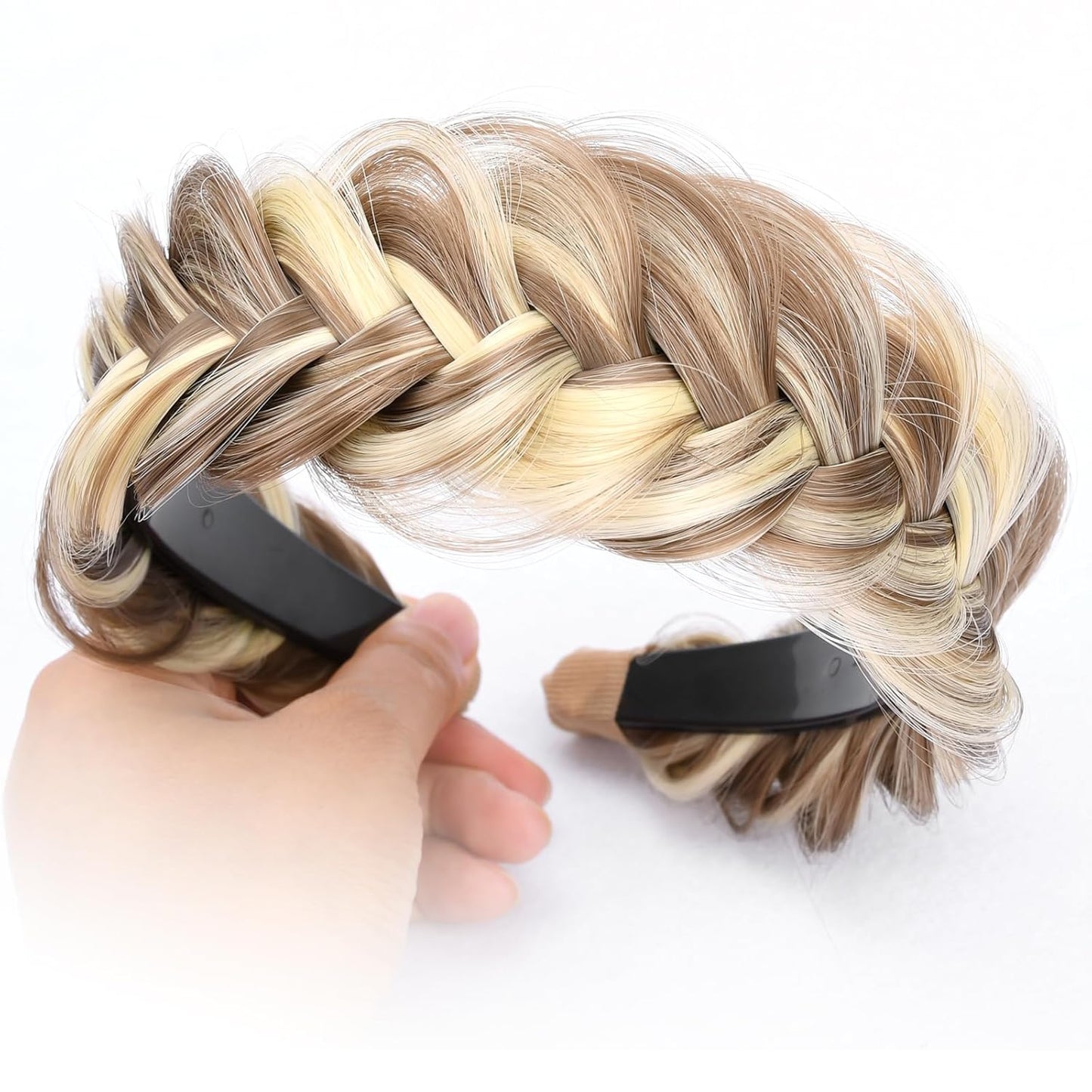 DIGUAN Wide Messy Braided Headband With Teeth Synthetic Hair Plaited Headband High Elasticity Braids Chunky Fishtail Braided Hair Band Hairpiece for Girls Wome (Light Highlighted)