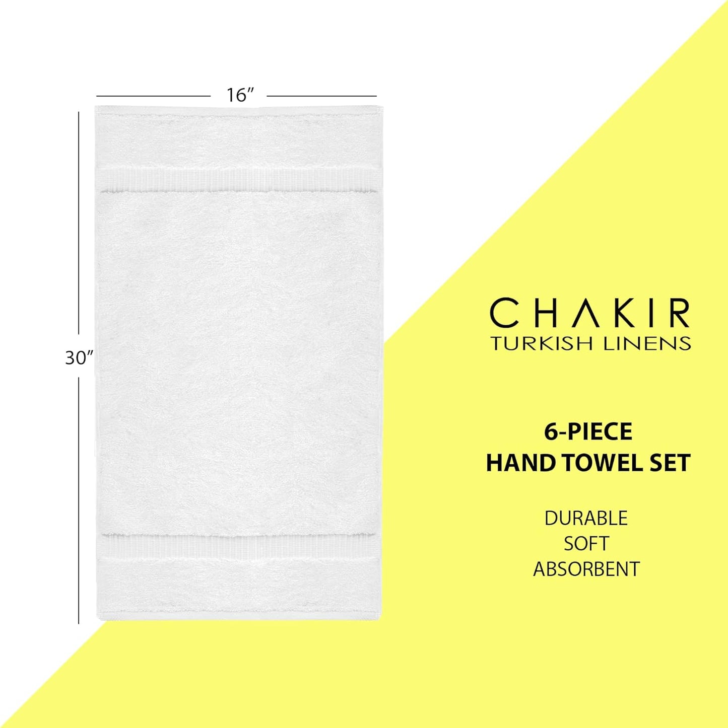 Chakir Turkish Linens | Hotel & Spa Quality 100% Cotton Premium Turkish Towels | Soft & Absorbent (6-Piece Hand Towels, White)