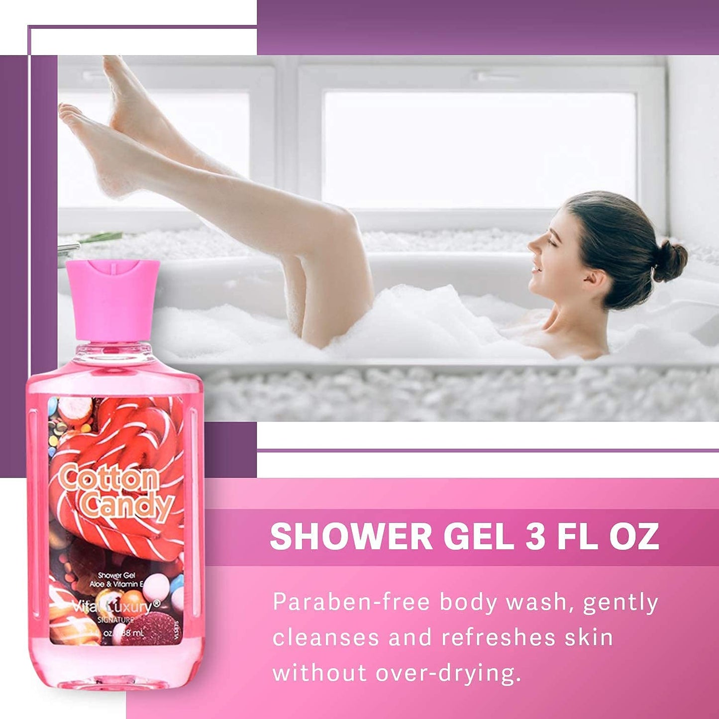 Bath & Body Travel Gift Set Cotton Candy Scented 3pcs Travel Size Shower Gel Body Lotion Fragrance Mist Christmas Birthday Gift TSA-Friendly for On-the-Go Self-Care