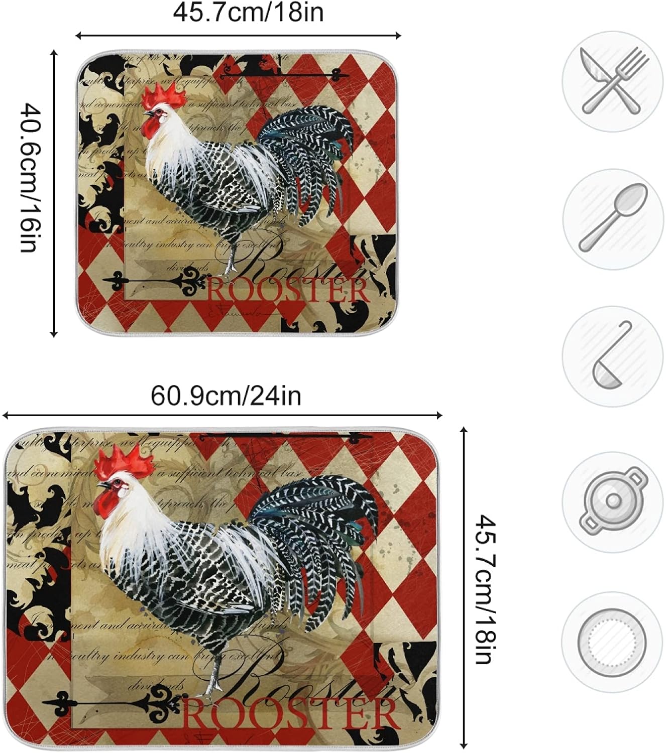 Dish Drying Mat for Kitchen Counter 18 x 16 Inch Rooster Vintage Domestic Farm Birds Microfiber Dish Mat Drying Pad Absorbent Dishes Pad Dish Drainer Rack Mats