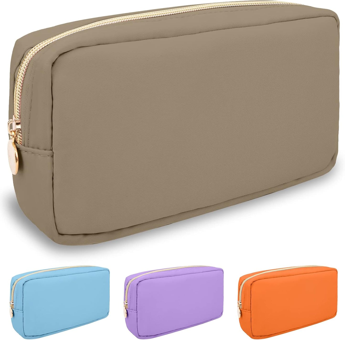 Nylon Small Makeup Bag for Purse, Preppy Cute Makeup Bag Cosmetic Zipper Pouch Purse, Waterproof Portable Travel Toiletry Bag Clutch Make Up Brush Bag Organizer Storage for Women Men Girls(Khaki)