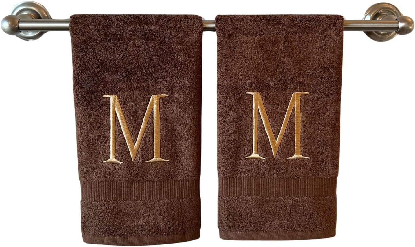 Brown Initial Hand Towel for Bathroom - Monogrammed Luxury Hotel Quality Decorative Embroidered Towel for Powder Room, Spa - GOTS Organic Certified - Set of 2 Beige Letter M