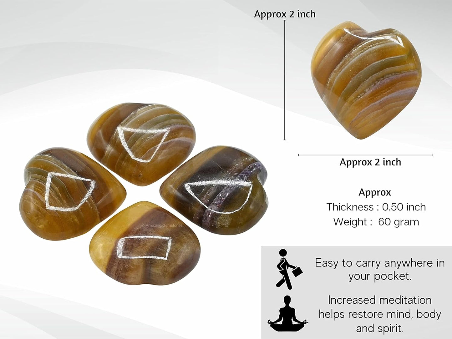 Amazing Gemstone Fluorite Crystal Heart Palm Stone - Pocket Massage Worry Stone for Natural Body Chakra Balancing, Reiki Healing and Crystal Grid