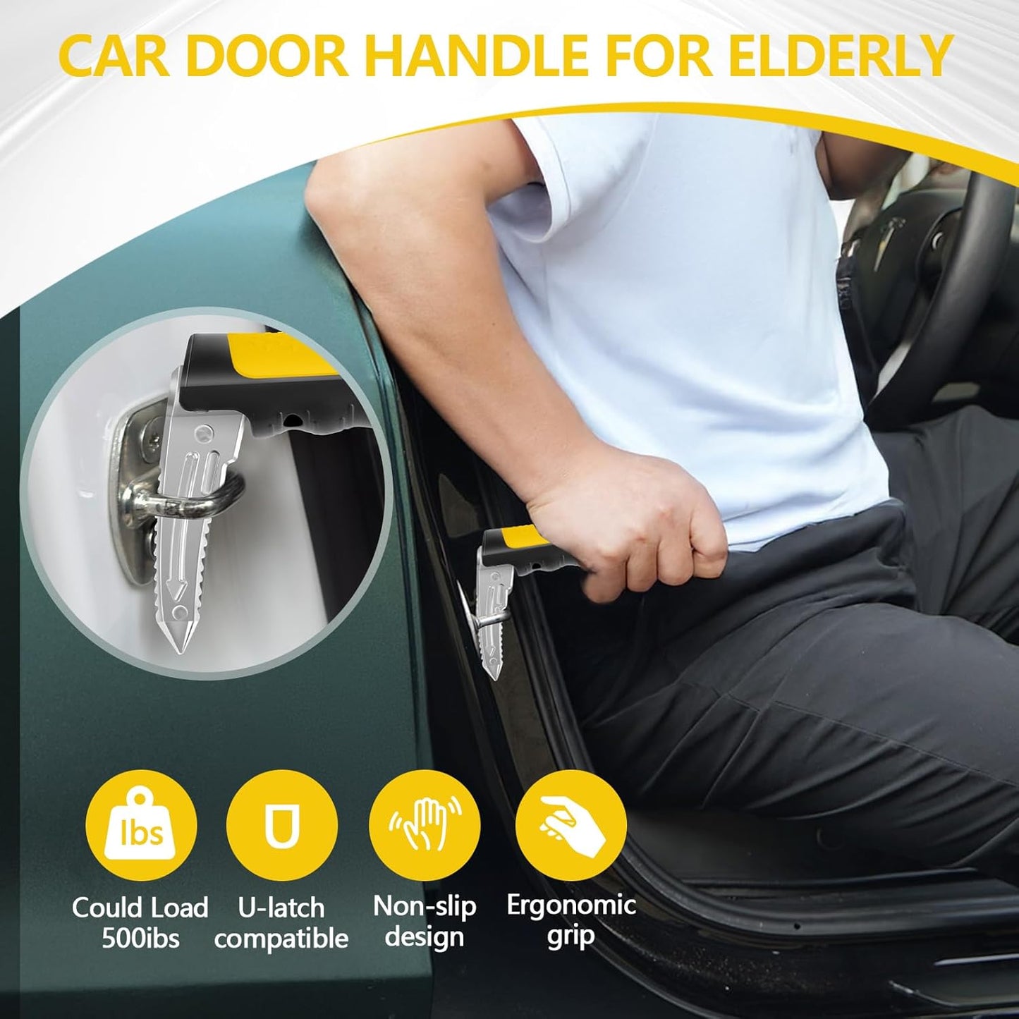 Car Door Handle for Elderly - 2025 New 4 in 1 Car Handle Assist, 2 Pack Auto Cane Portable Vehicle Support Handle Door Assist Bar, Max Load 500 Lbs, Anti-Slip Design (Yellow-Car Handle +Strap)