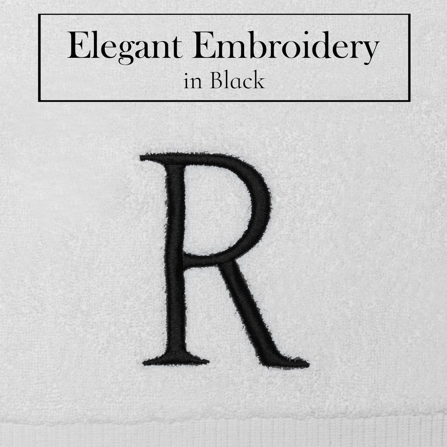 White and Black Monogrammed Hand Towel - Monogram Initial Hotel Quality Decorative Embroidered Luxury Towel for Powder Room, Spa - GOTS Organic Certified - Set of 2 Letter R