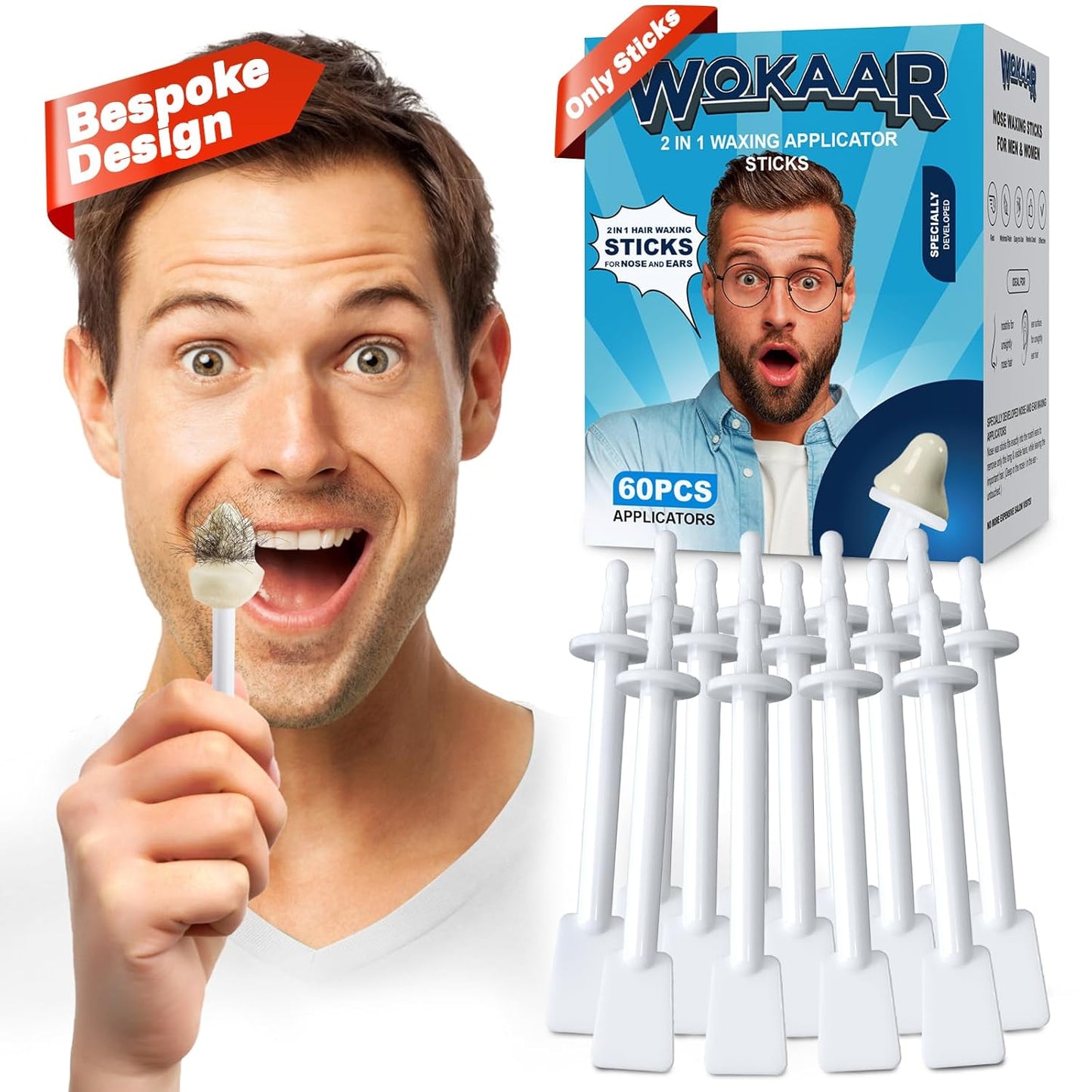 Nose & Ear Waxing Sticks–Professional Nasal Hair Removal 60 Precision Applicators for Pain-Free Waxing at Home. Say Goodbye to Plucking! (Wax refills & wipes sold separately.)