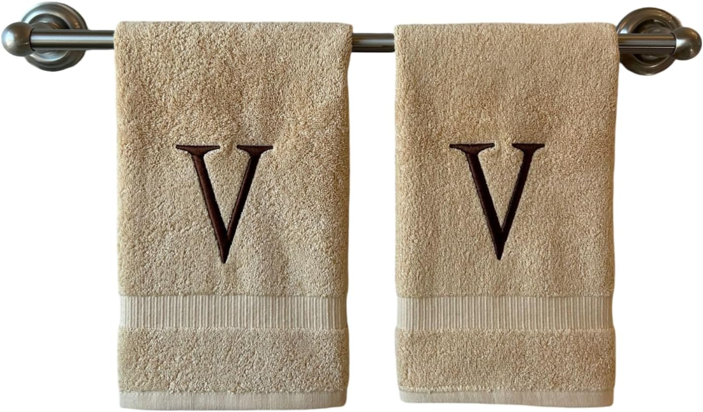Beige Initial Hand Towel for Bathroom - Monogrammed Luxury Hotel Quality Decorative Embroidered Towel for Powder Room, Spa - GOTS Organic Certified - Set of 2 Brown Letter V