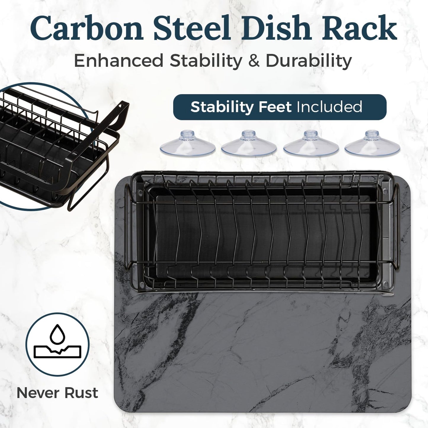AquaTerra Diatomaceous Earth Drying Mat with Matching Sponge Caddy & Dish Rack | 3-Piece Set (Dark Gray Marble, Large) | Heat-Resistant & Multi-Purpose for Drying and Kitchen Organization