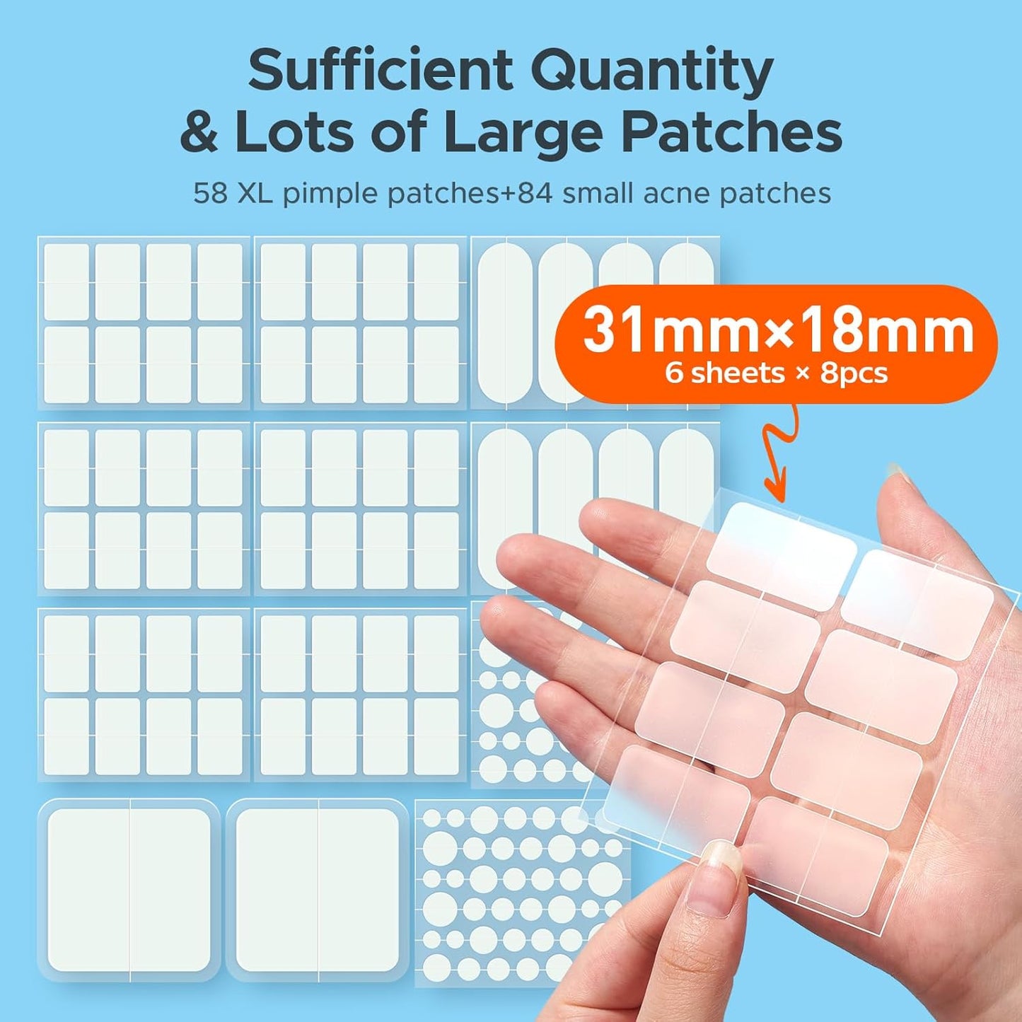 Large Pimple Patches for Face, 7 Sizes Big Acne Patches, XL Hydrocolloid Bandages for Body, Chin, Forehead, Nose, Back Blemish Zit Breakouts, Hydrocolloid Patch (Square, Strip, Dot 142 Count)