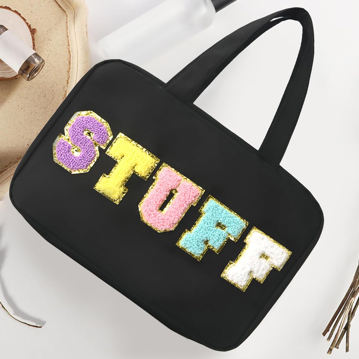 Toiletry Bag for Women Chenille Letter Makeup Bag Water-resistant Cosmetic Bag Travel Bag with Hanging Hook Preppy for Store Toiletries Cosmetic Accessories Large Capacity Black