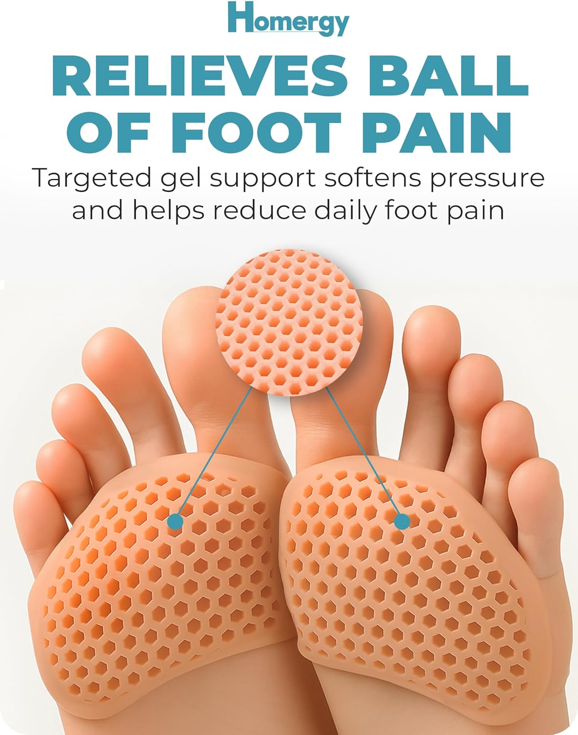 Homergy Metatarsal Foot Pads - Soft Gel Ball of Foot Cushions for Pain Relief, Ultra-Thin Sleeve Design, Stays in Place, Breathable & Reusable - Fits Heels, Flats, Sneakers (4 Pads / 2 Pairs)
