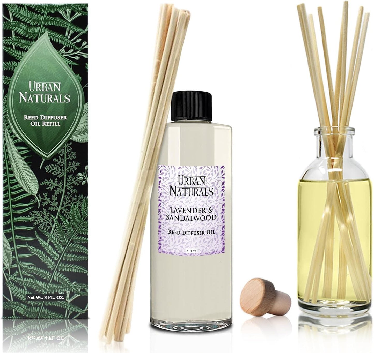 Urban Naturals Reed Diffuser Oil Refill Lavender Sandalwood with Golden Amber, Exotic Woods, Patchouli 8 oz + Free Reed Sticks, Made in The USA