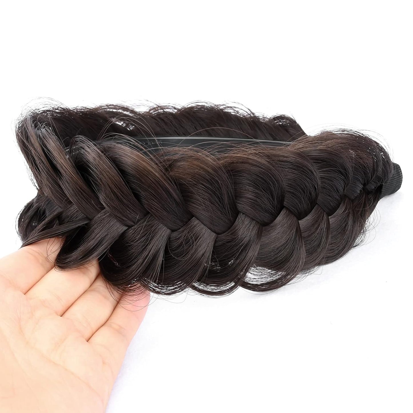 DIGUAN Wide Messy Braided Headband With Teeth Synthetic Hair Plaited Headband High Elasticity Braids Chunky Fishtail Braided Hair Band Hairpiece for Girls Women (Dark Chocolate)