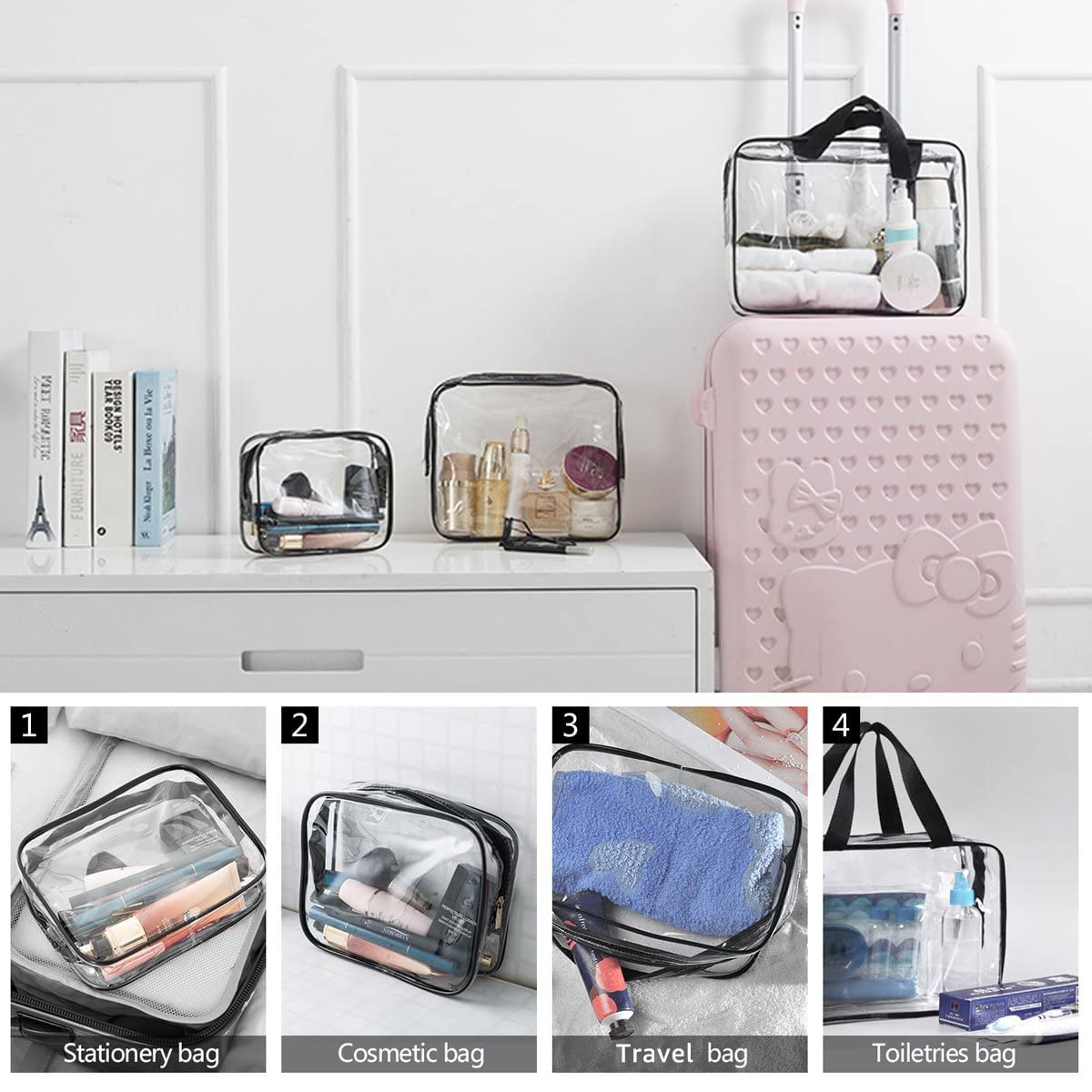 5Pcs Crystal Clear PVC Travel Toiletry Bag Kit for Women Men, Waterproof Vinyl Packing Organizer Storage Bags with Zipper Handle Straps, Cosmetic Pouch Carry on Airport Airline Compliant Bag Handbag