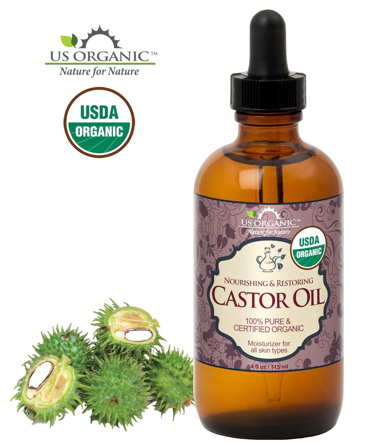 US Organic Castor Oil, USDA Certified Organic,Expeller Pressed, Hexane Free, 100% Pure & Natural moisturizing and emollient properties, For Skin, Hair Care, Eyelashes, DIY projects (4 oz (115 ml))