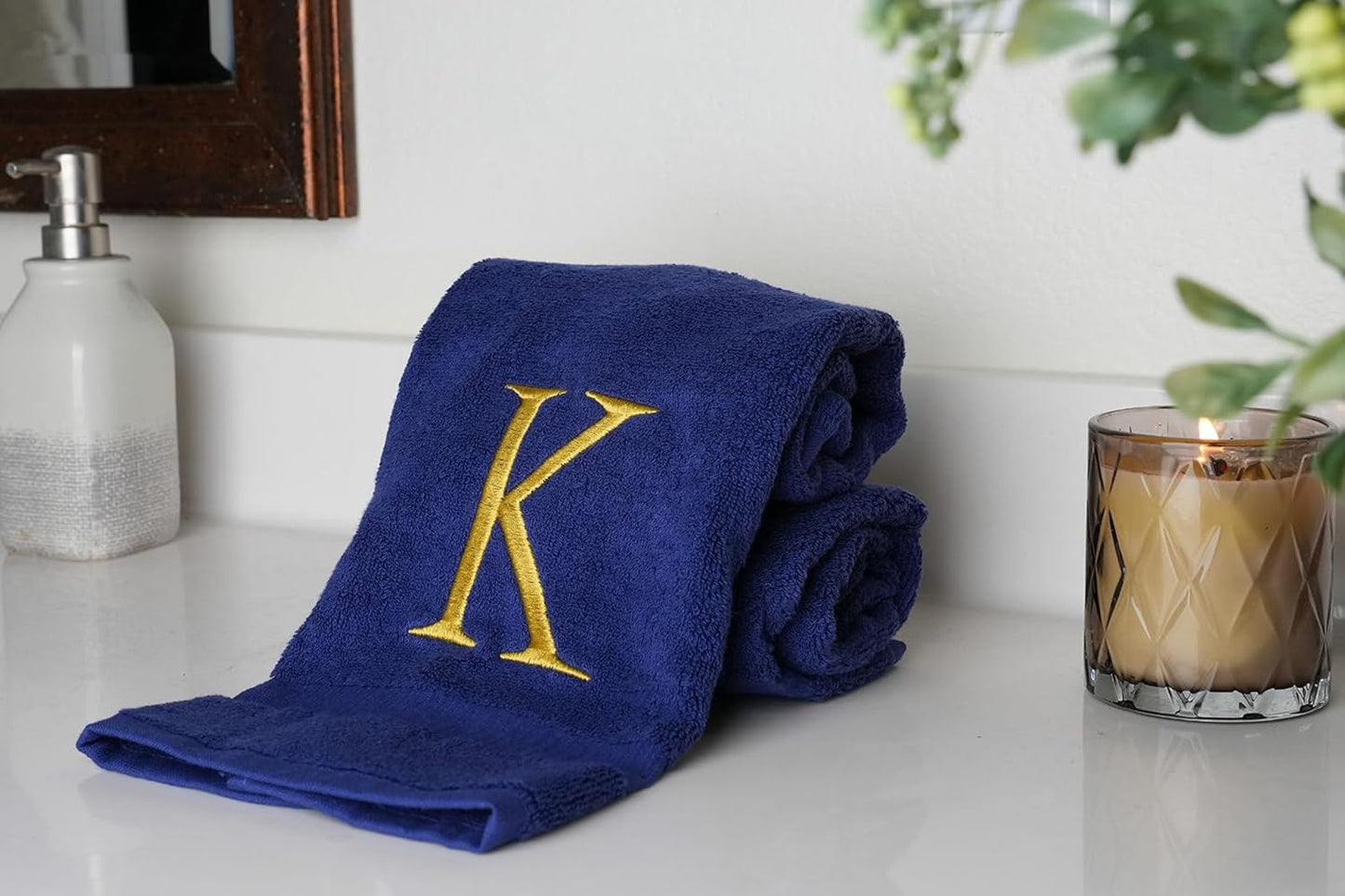 Navy Monogrammed Hand Towels for Bathroom - Navy and Gold Luxury Hotel Quality Personalized Initial Decorative Embroidered for Powder Room, Spa-GOTS Organic Certified - Pack of 2, Letter K