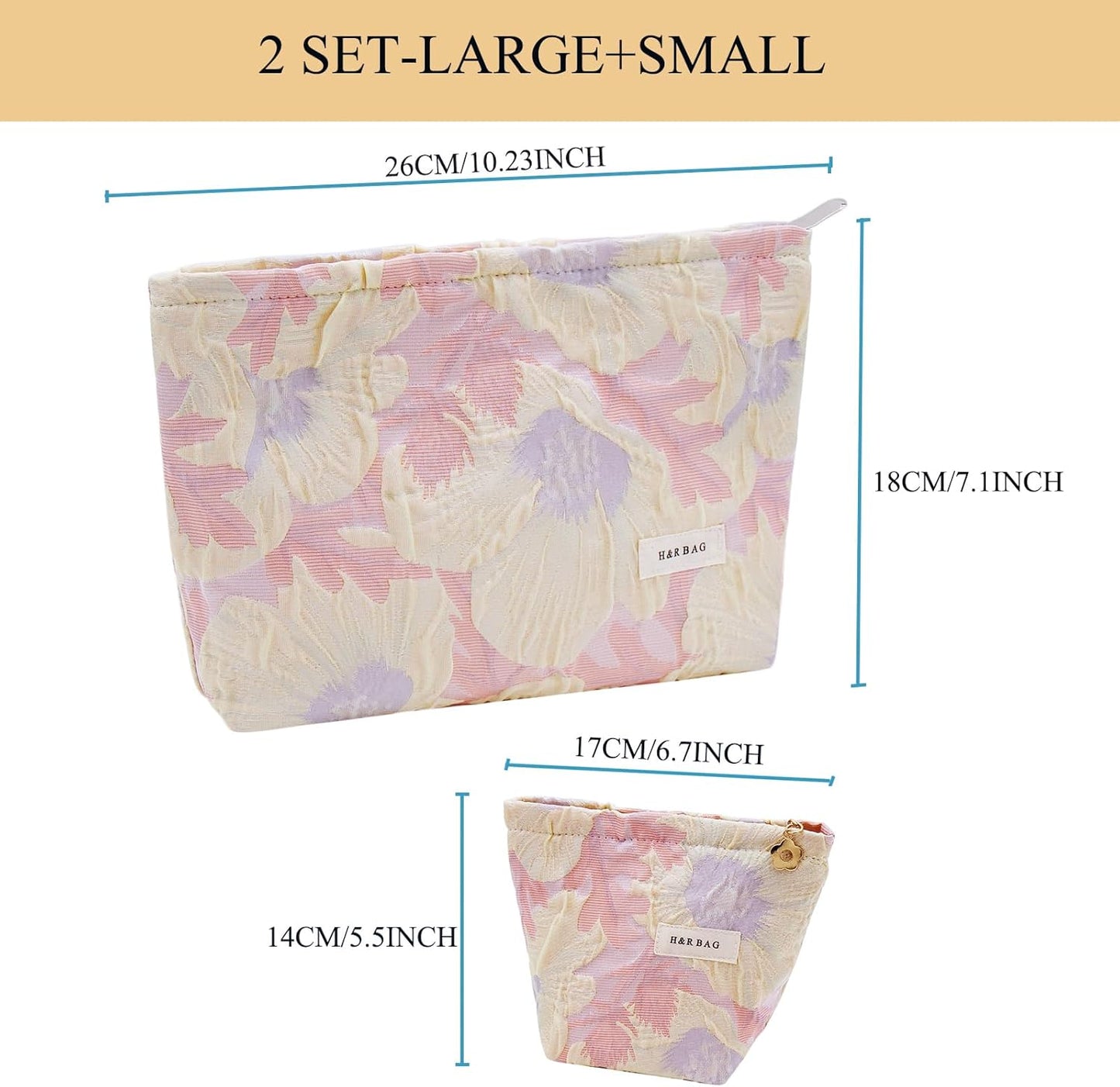 2 Pcs Makeup Bags, Large Cosmetic Bag Travel Toiletry Bag Organizer for Women, Embroidery Craft, Floral Makeup Bag Small Cosmetic Pouch Purse with Zipper Gifts for Girls Teen