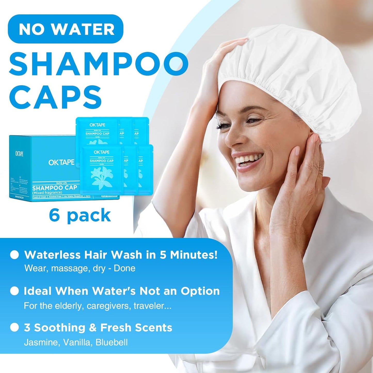 OK TAPE No Water Shampoo Caps (6 Pack) 3 Scents, Rinse Free Shower Cap for Elderly, After Surgery, Camping, Shampoo and Conditioner Hair Wash Cap (Jasmine, Vanilla and Bellflower Scents)