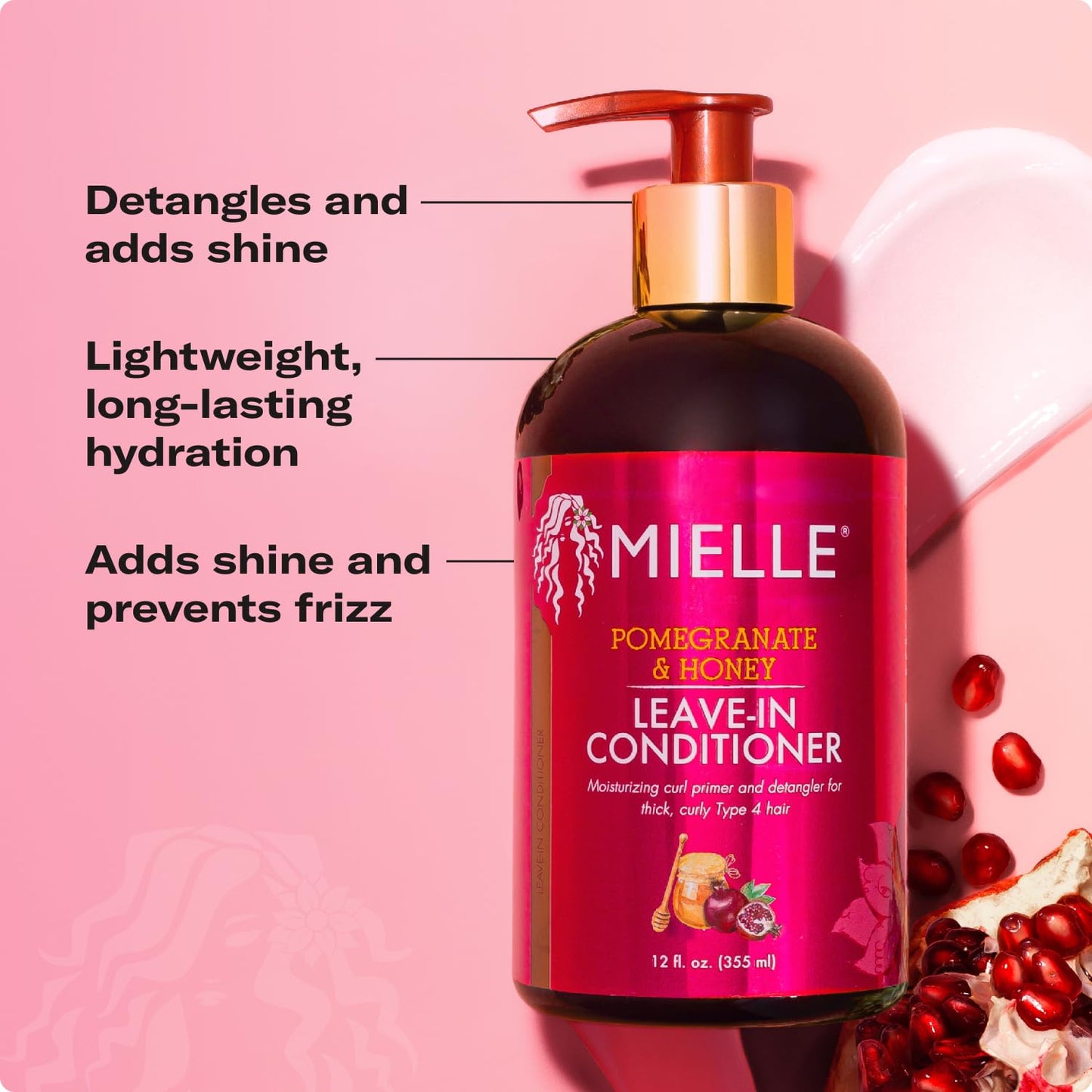 Mielle Organics Pomegranate Honey Shampoo & Leave-In Conditioner for Thick, Curly Type 4 Hair, Moisturizing Curl Primer, and Detangler, Prevents Frizz, for Damaged Hair, Easy to Apply