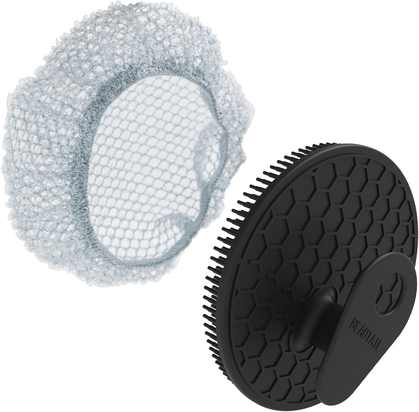 Silicone Body Scrubber with Scrub Net Set, BEAUTAIL 2 Pack for Rich Lather, Deep Cleansing, and Exfoliation – Durable, Easy to Clean, Gentle or Firmer Options – 1 Shower Brush Black, 1 Scrub Net Gray
