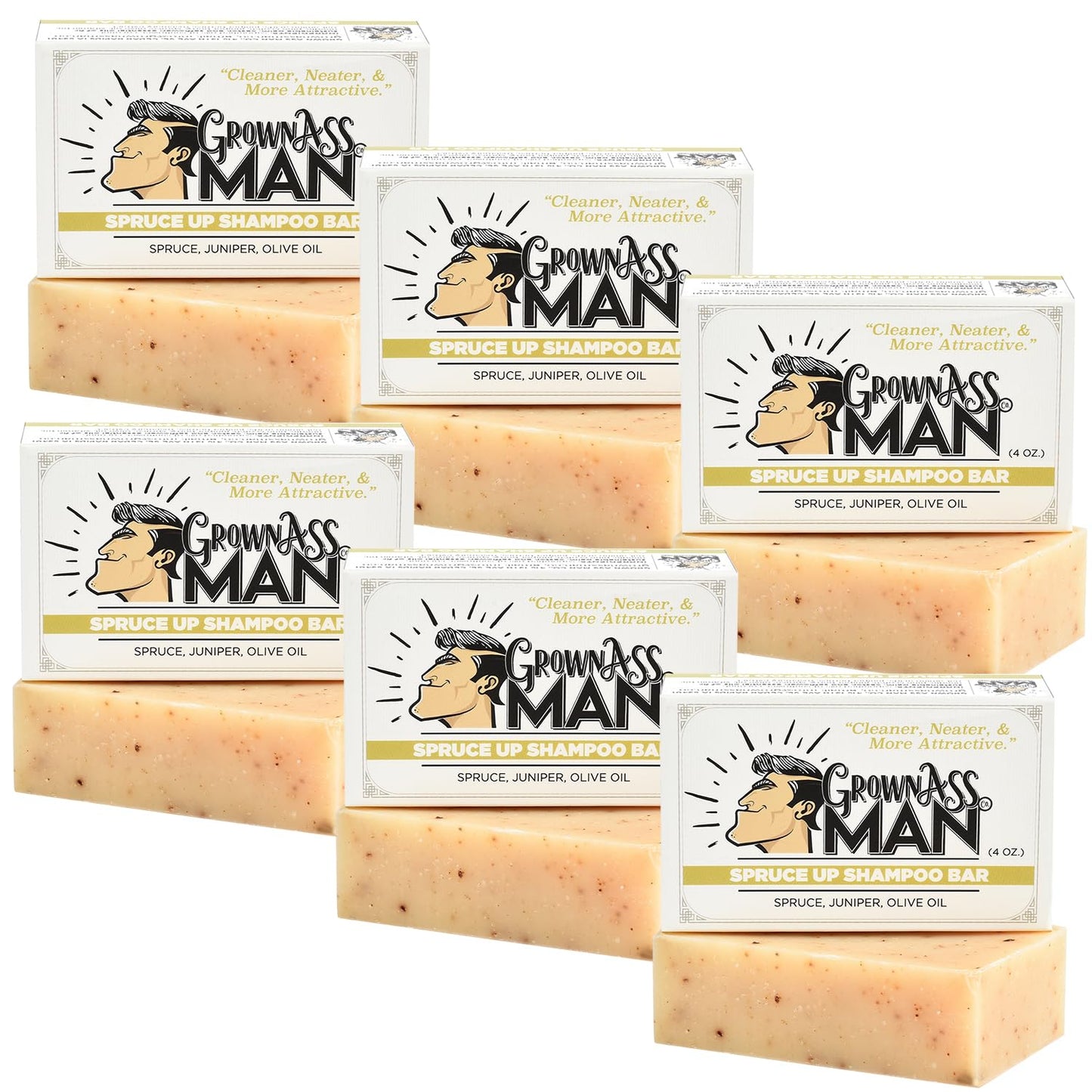Grown Ass Man Co. - Solid Shampoo Bar Rich Lather 3 in 1: Hair, Beard & Body Wash - Plastic Free & Eco-Friendly, Natural & Organic for All Hair Types, 4oz Bar (Spruce Up, 6-Pack)