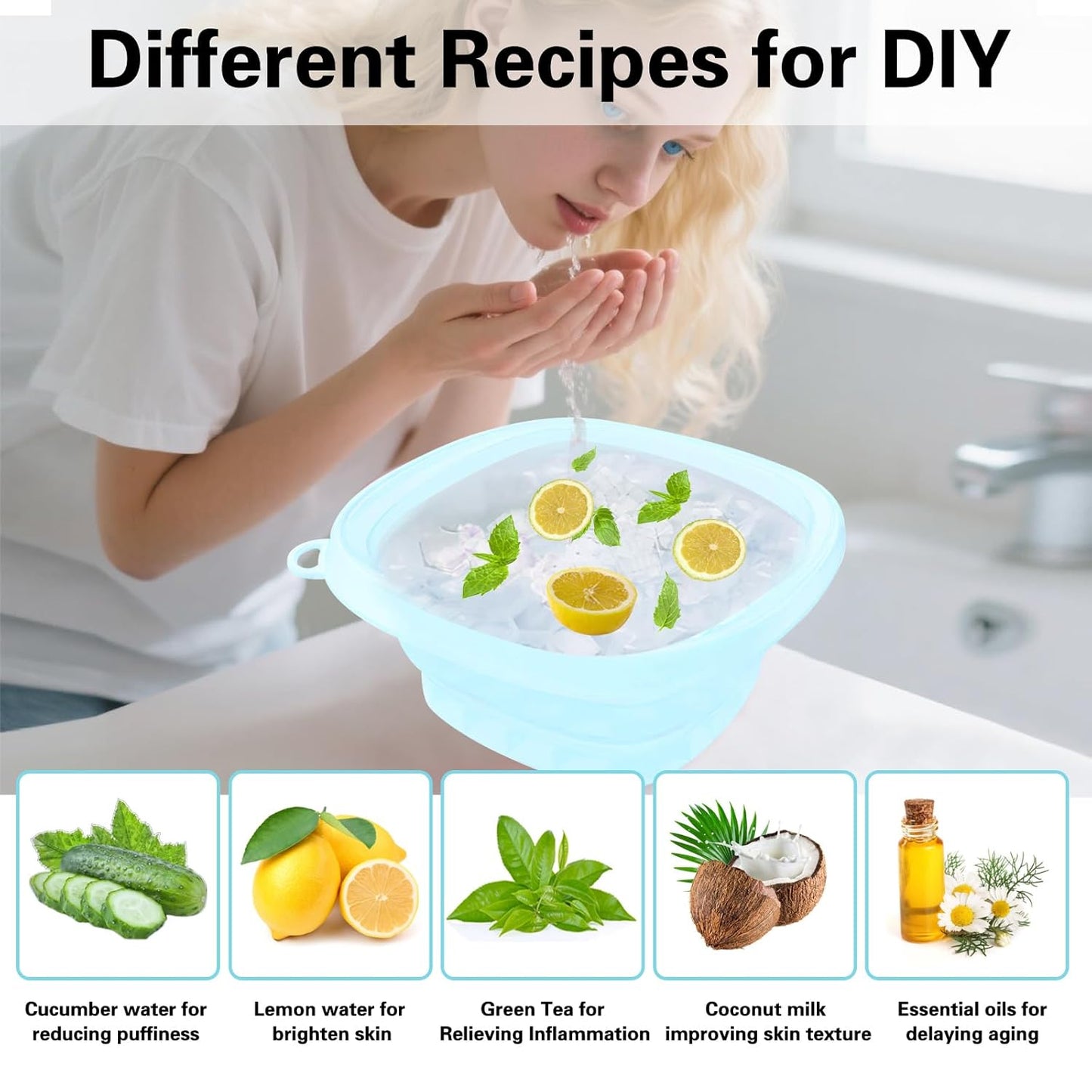 Face Bowl for Ice with Built-in IceTray,Collapsible Silicone Face Ice Bowl – Cold Plunge Therapy for Skin Tightening & Facial Treatment– Portable Spa Tool for Home & Travel（Blue)