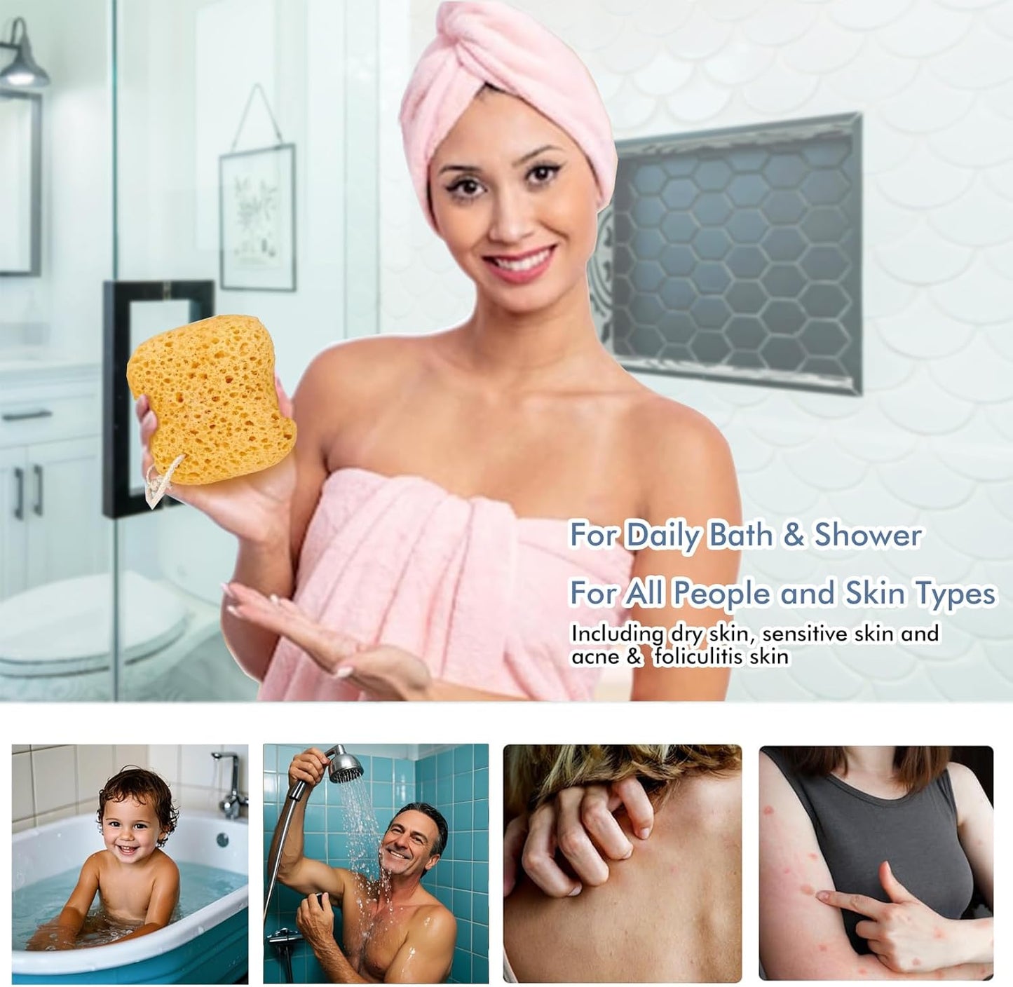 Sponges Bath, 2Pcs Larger Shower Sponges for Women Men, Exfoliating Body Sponge Dense Foam for Gentle & Deep Cleansing, Ultra-Soft for Sensitive Dry Skin