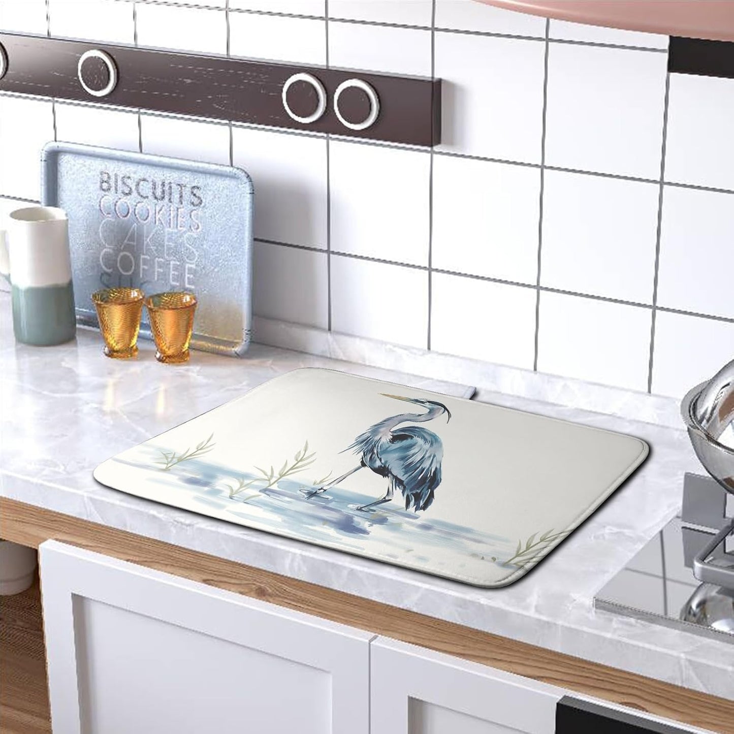 Summer Dish Drying Mat Blue White Heron Beach Absorbent Microfiber Drying Mats for Kitchen Counter Coastal Nautical Birds Dishes Drainer Mat Extra Large 18x24 Inch