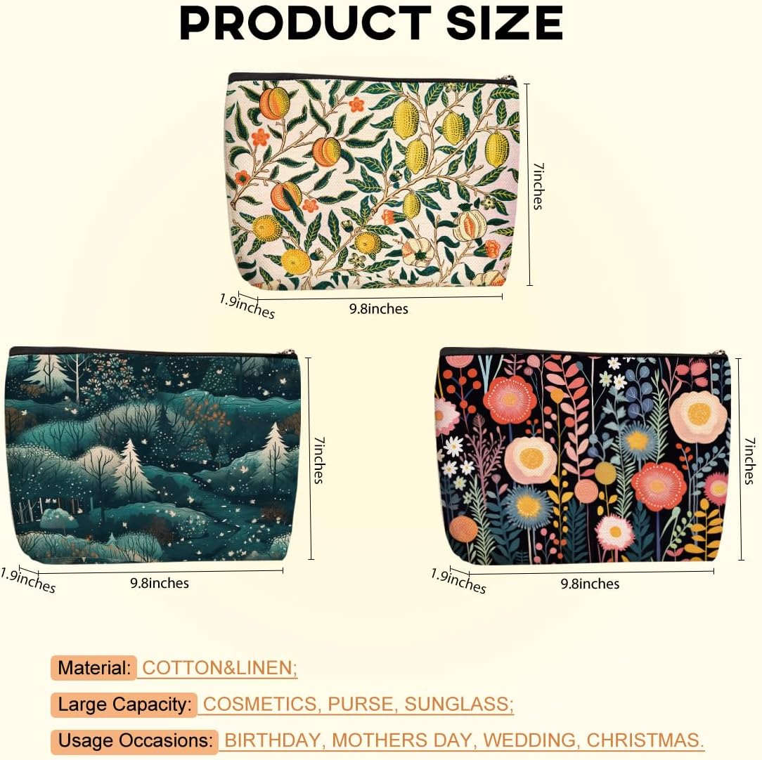 3Pcs Classic Forest Flower Fruit Makeup Bag Cosmetic Bags for Women, Abstract Botanical Travel Toiletry Bag, Thank You Anniversary Birthday Friendship Gifts for Women Girls Mom Friends Teacher
