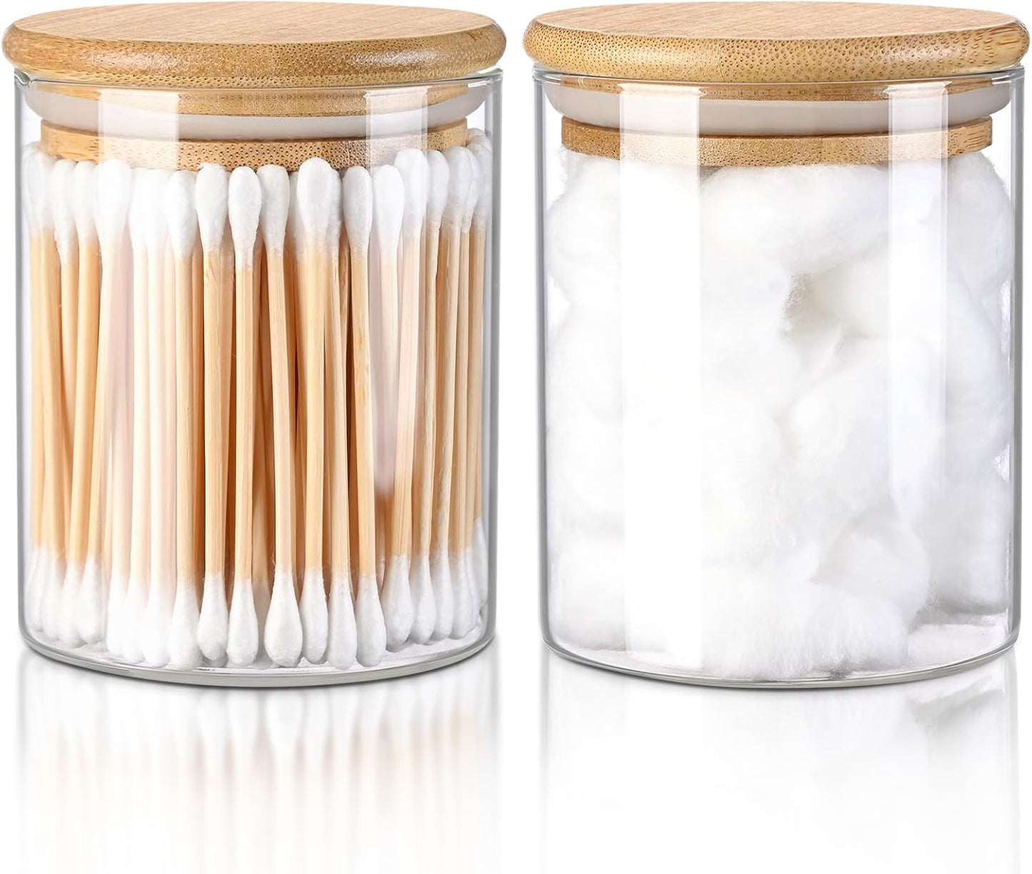 Qtip Holder Dispenser with Bamboo Lid, Glass 2 Pack Apothecary Jars with Lids, Cotton&Swab Apothecary Jars, Qtip Holder Bathroom Set for Countertop Bathroom Essentials Accessories Decor