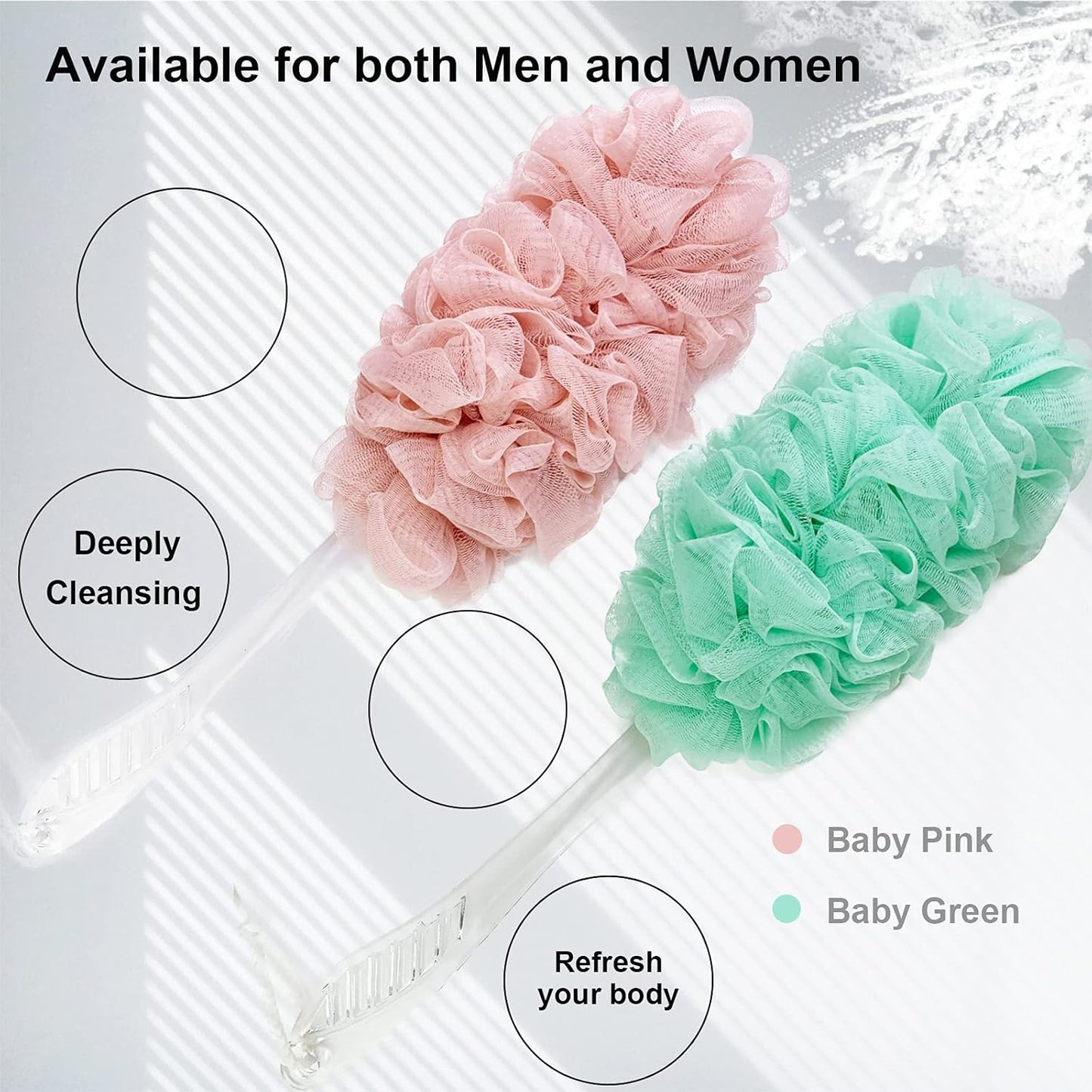 PPHAO - Loofah on a Stick for Men & Women - Bath Brush with Long Handle - Plastic Loofah Sponge - 2Pack in Green & Pink